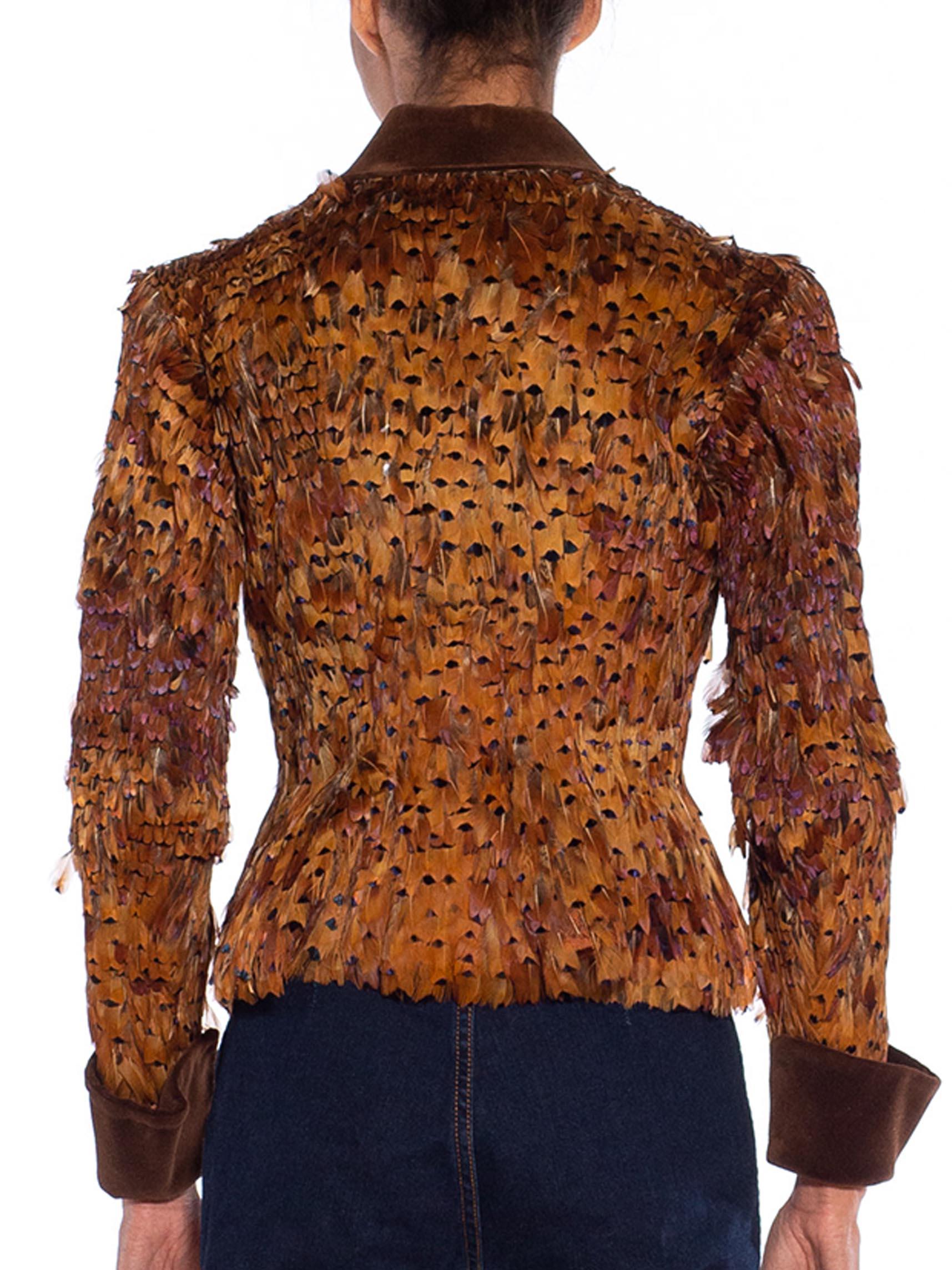 1950S Golden Brown Silk Net & Taffeta Featherd Jacket With Velvet For Sale 1