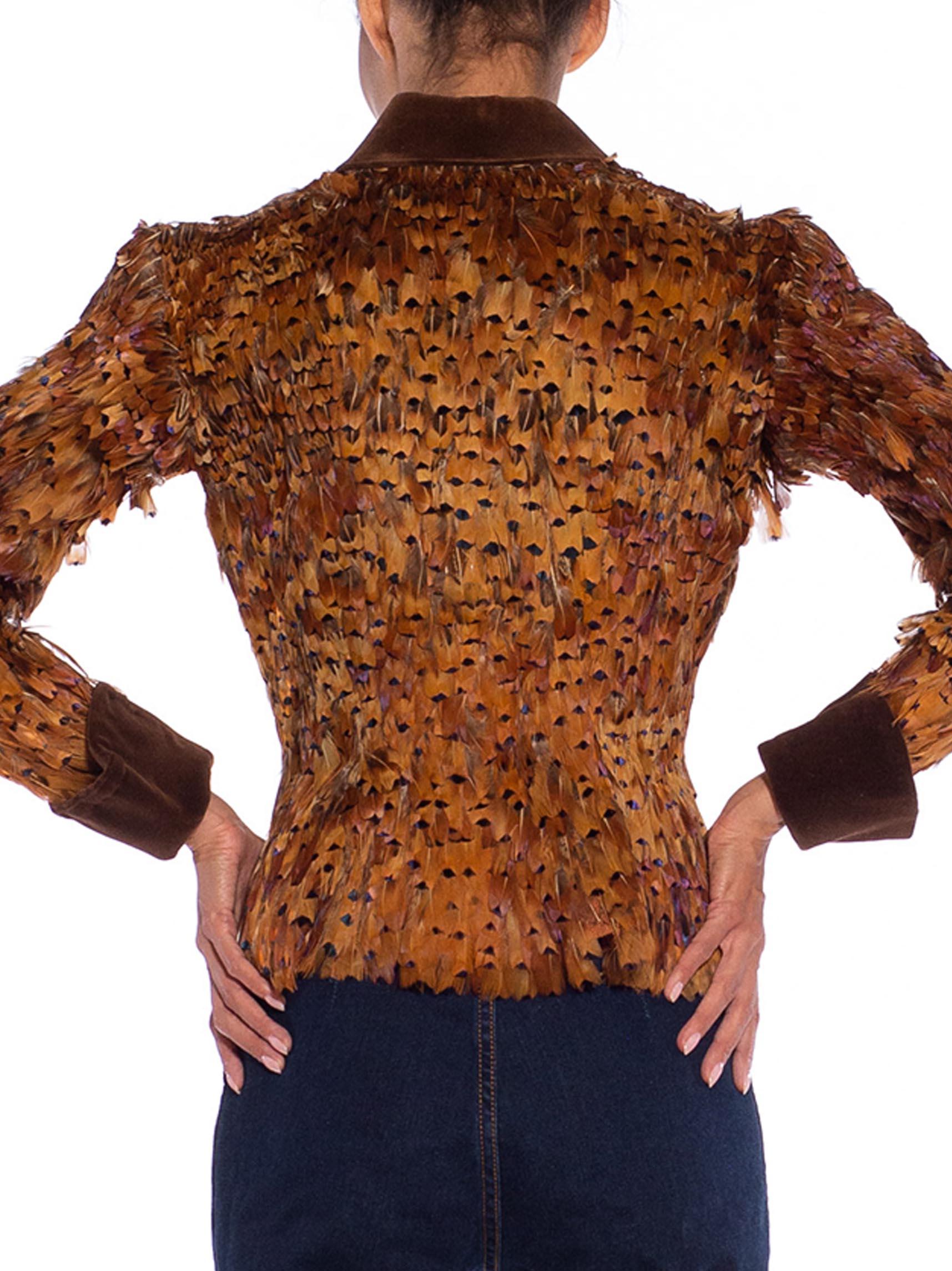 1950S Golden Brown Silk Net & Taffeta Featherd Jacket With Velvet For Sale 2