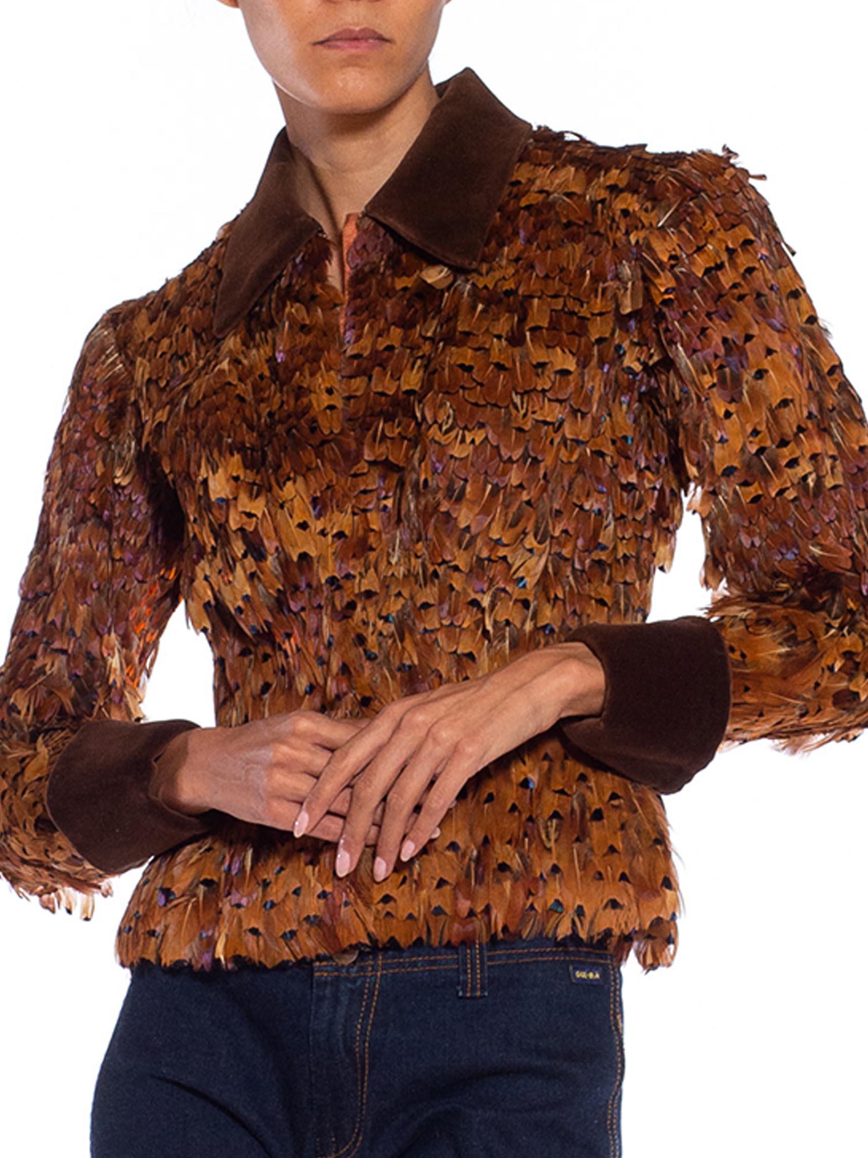 1950S Golden Brown Silk Net & Taffeta Featherd Jacket With Velvet For Sale 3