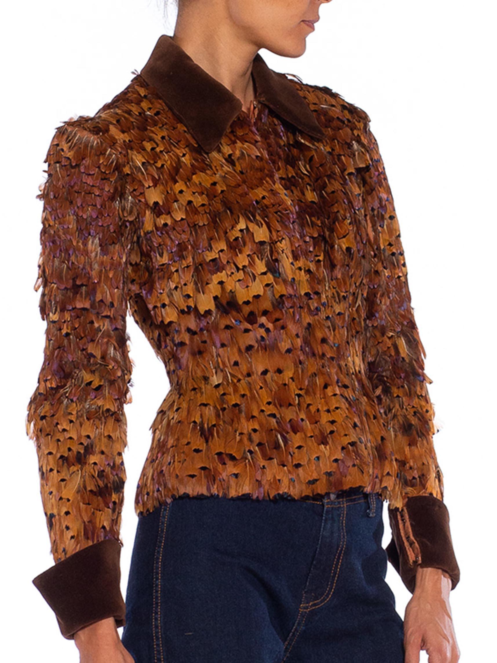 1950S Golden Brown Silk Net & Taffeta Featherd Jacket With Velvet For Sale 4