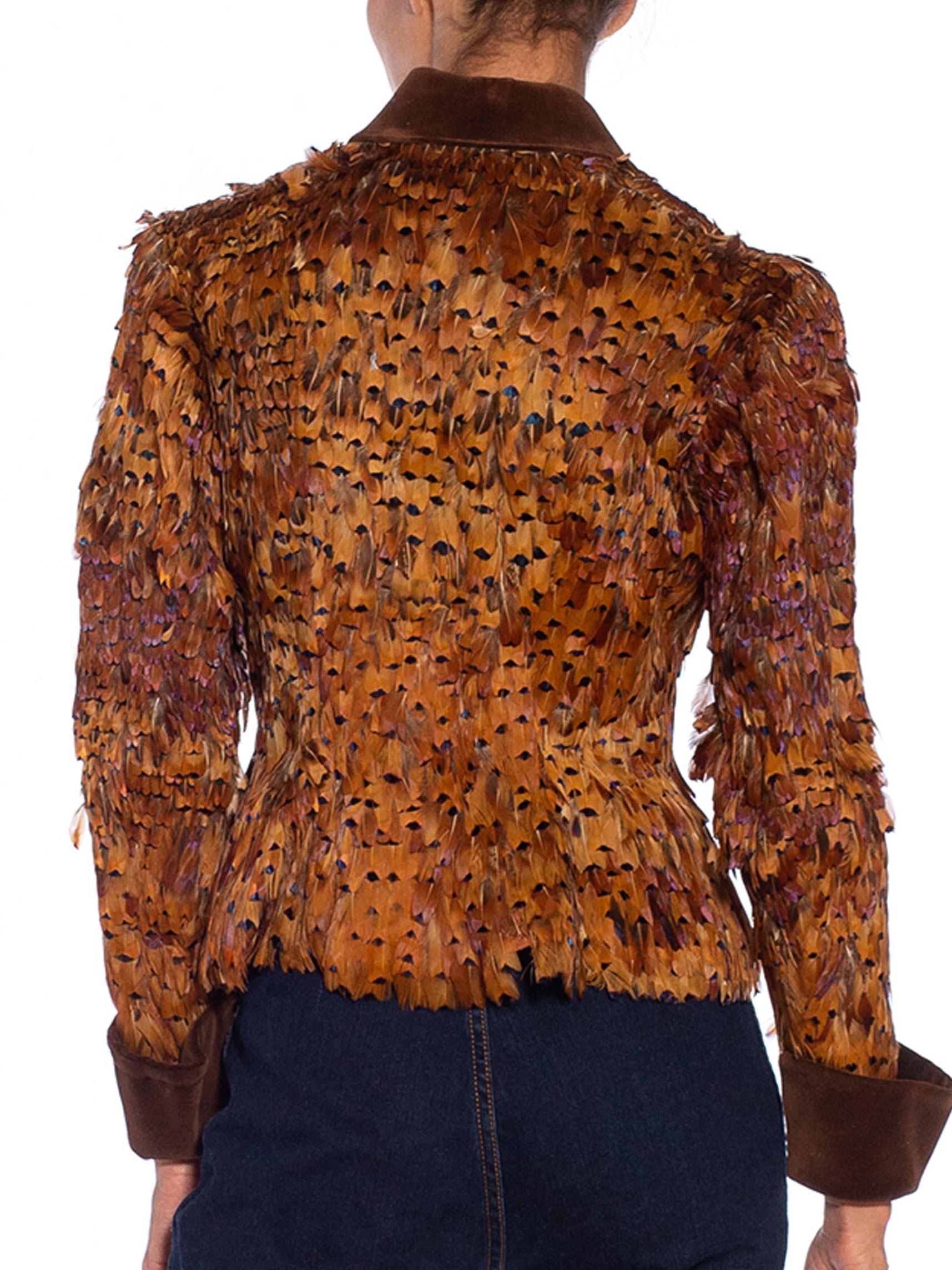 1950S Golden Brown Silk Net & Taffeta Featherd Jacket With Velvet For Sale 5