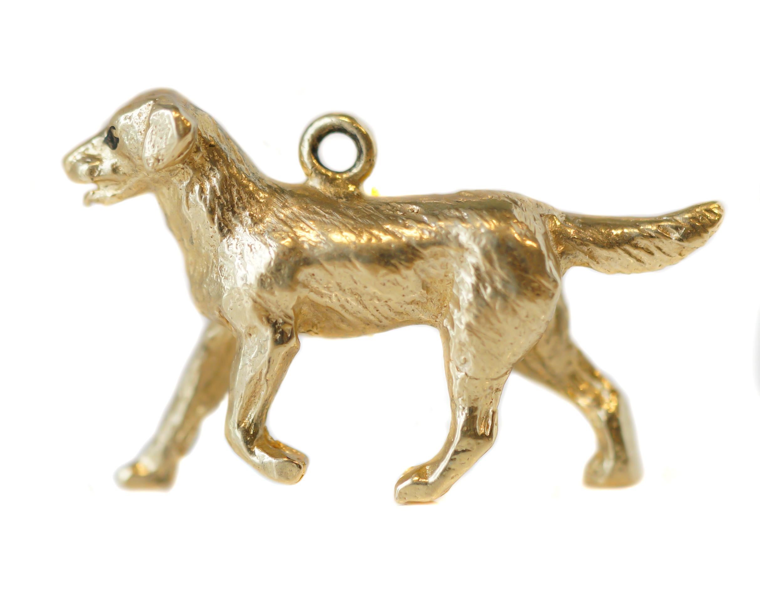 1950s Retro Dog Charm - 14 Karat Yellow Gold

Features:
Trotting Dog - Labrador Retriever, Golden Retriever, Hunting Dog
Very Detailed Design with outstretched fanning tail
Textured 14 karat Yellow Gold
Sturdy Bail 
Measures 25 x 15 millimeters