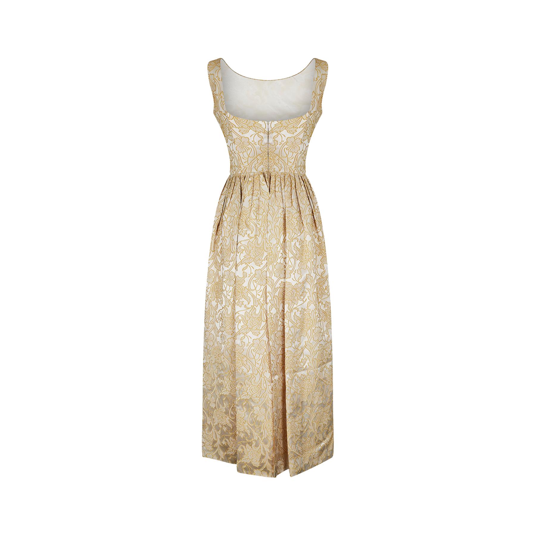 Beige 1950s Golden Yellow Floral Jacquard Dress with Train