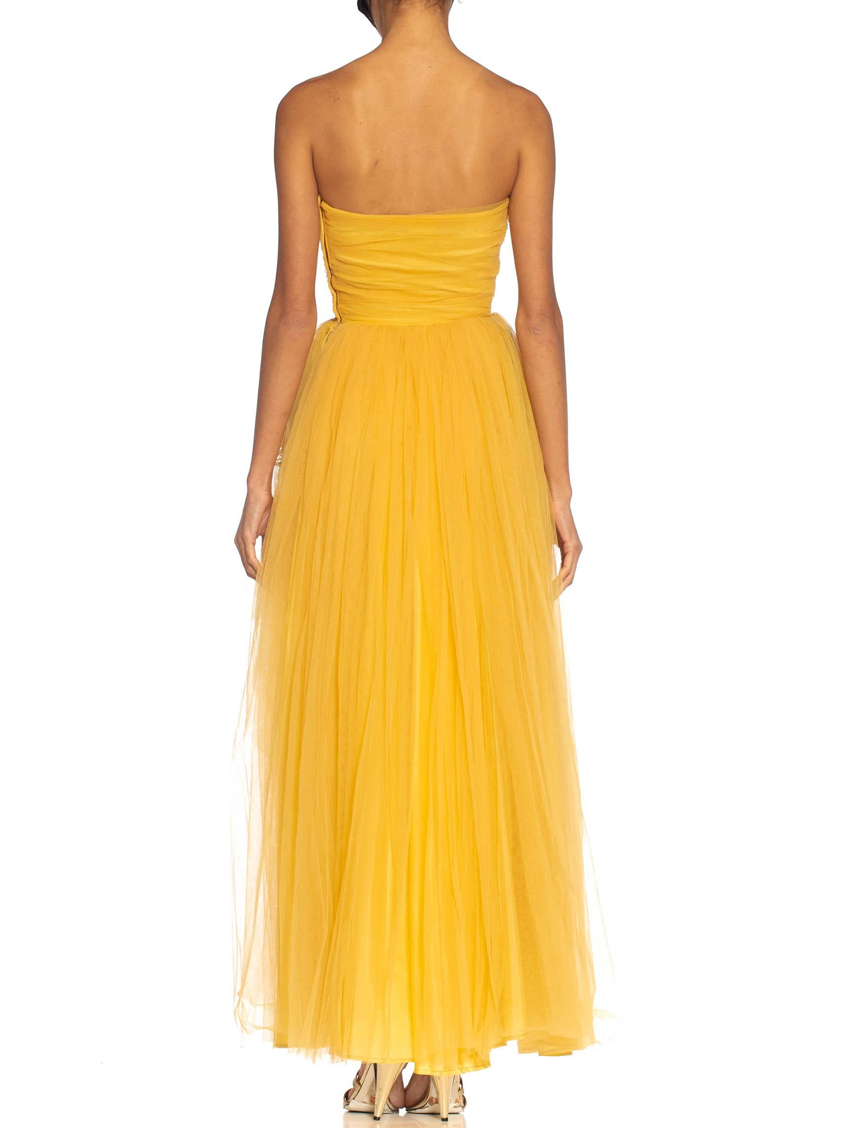 1950S Golden Yellow Rayon & Nylon Tulle Strapless Gown With Flowers For Sale 5