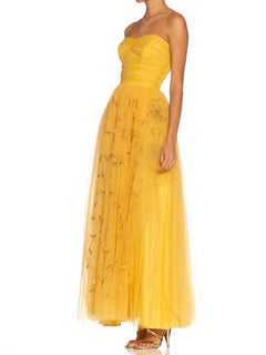 1950S Golden Yellow Rayon & Nylon Tulle Strapless Gown With Flowers