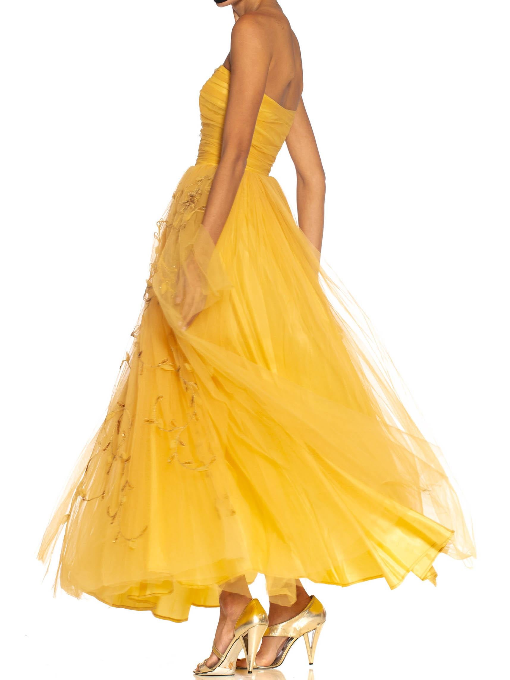Women's 1950S Golden Yellow Rayon & Nylon Tulle Strapless Gown With Flowers For Sale