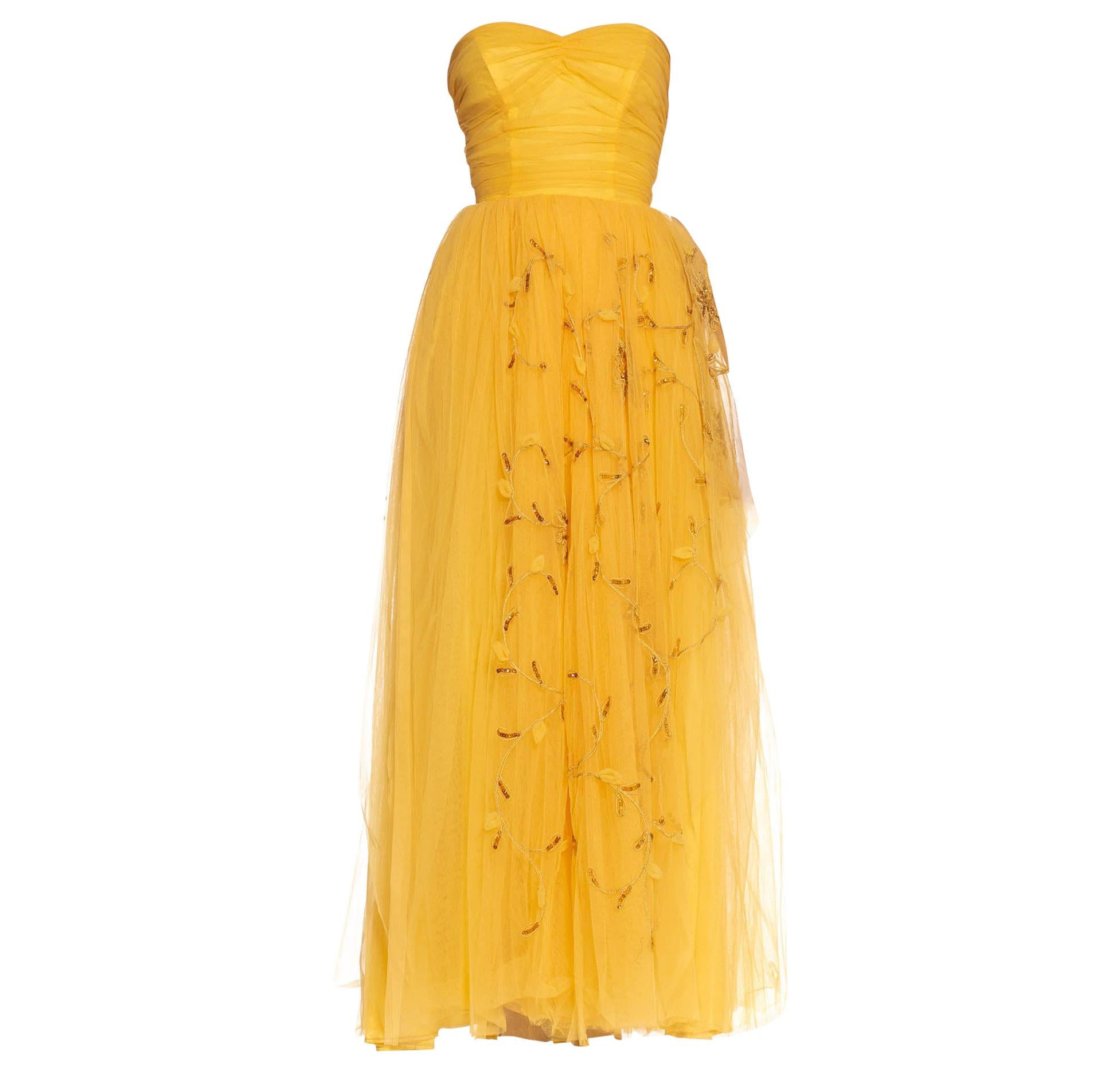 1950S Golden Yellow Rayon & Nylon Tulle Strapless Gown With Flowers For Sale