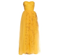 1950S Golden Yellow Rayon & Nylon Tulle Strapless Gown With Flowers