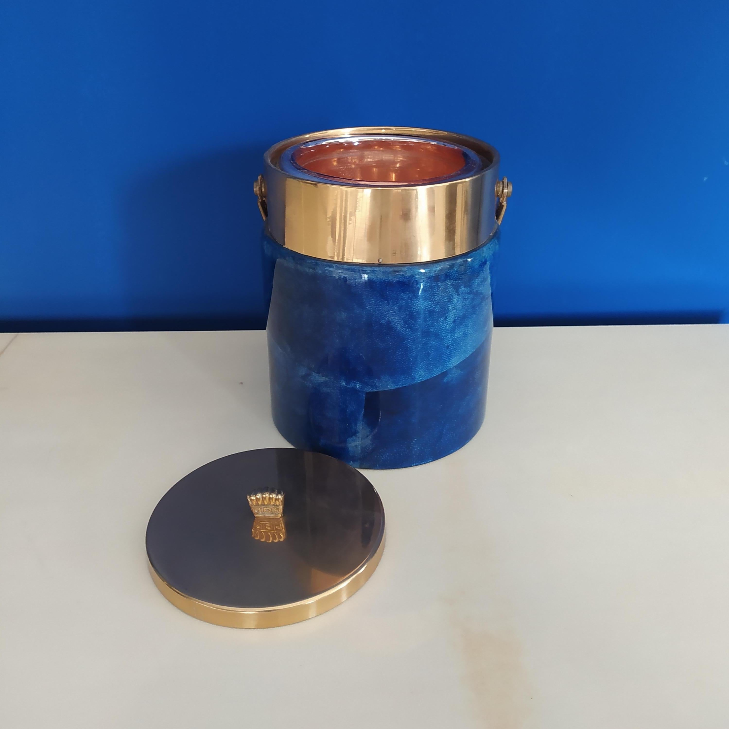 Italian 1950s Gorgeous Ice Bucket in Blue Parchment and Brass by Aldo Tura For Sale
