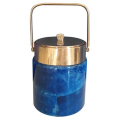1950s Gorgeous Ice Bucket in Blue Parchment and Brass by Aldo Tura