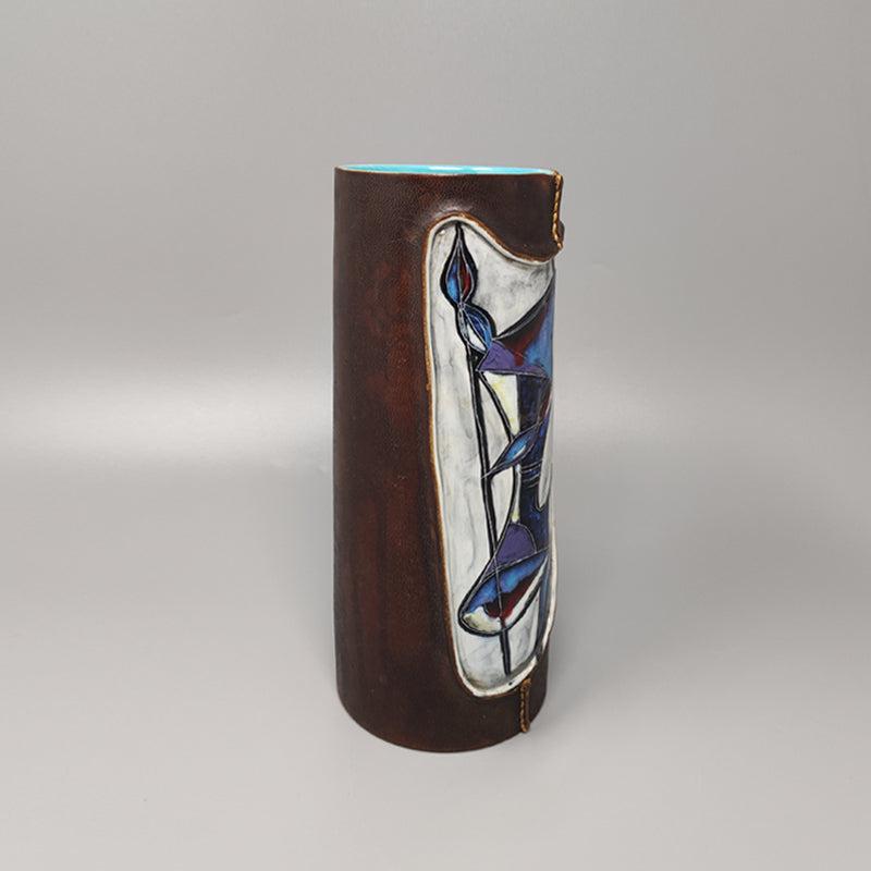 Mid-Century Modern 1950s Gorgeous Marcello Fantoni Ceramic Vase Encased in Leather, Made in Italy For Sale