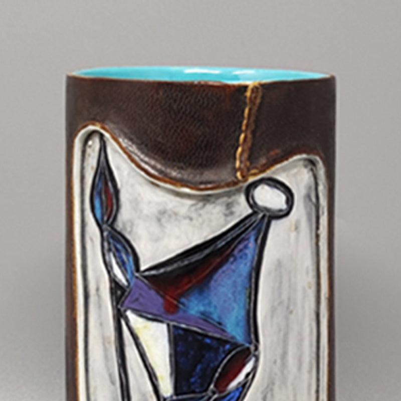 Céramique 1950s Gorgeous Marcello Fantoni Ceramic Vase Encased in Leather, Made in Italy en vente