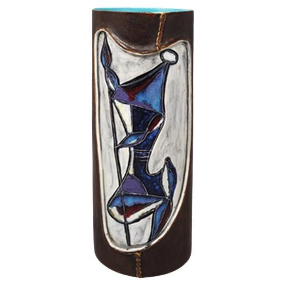 1950s Gorgeous Marcello Fantoni Ceramic Vase Encased in Leather, Made in Italy For Sale