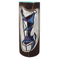 Superbe vase en céramique Marcello Fantoni des années 1950 encastré en cuir, fabriqué en Italie