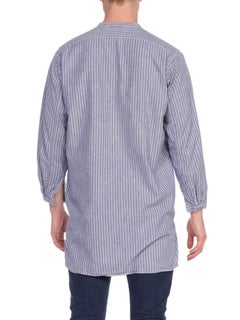 1950'S  Blue & White Striped Cotton Men's Grandad Flannel Lined Shirt Made In G