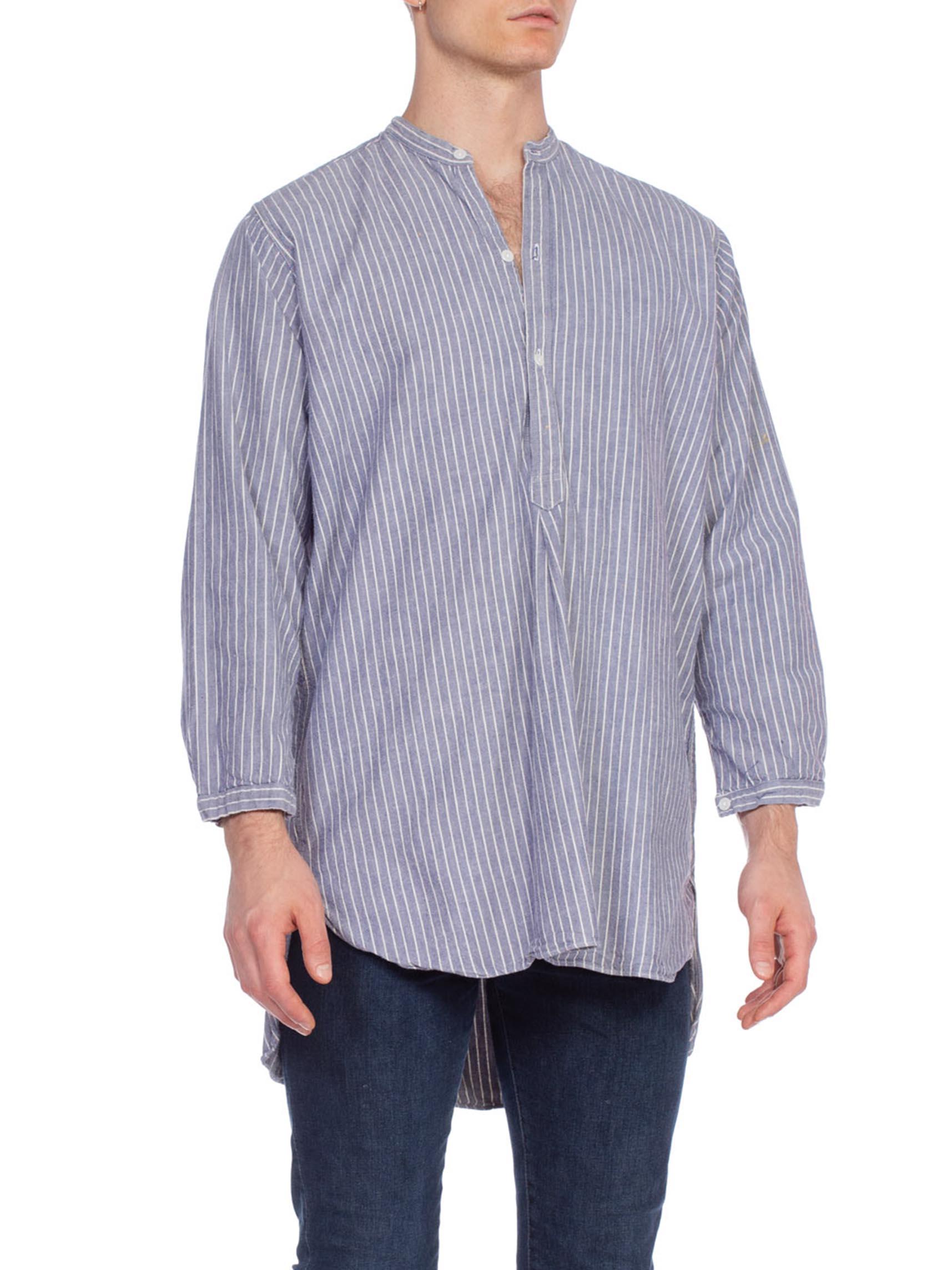 Gray 1950'S  Blue & White Striped Cotton Men's Grandad Flannel Lined Shirt Made In G For Sale