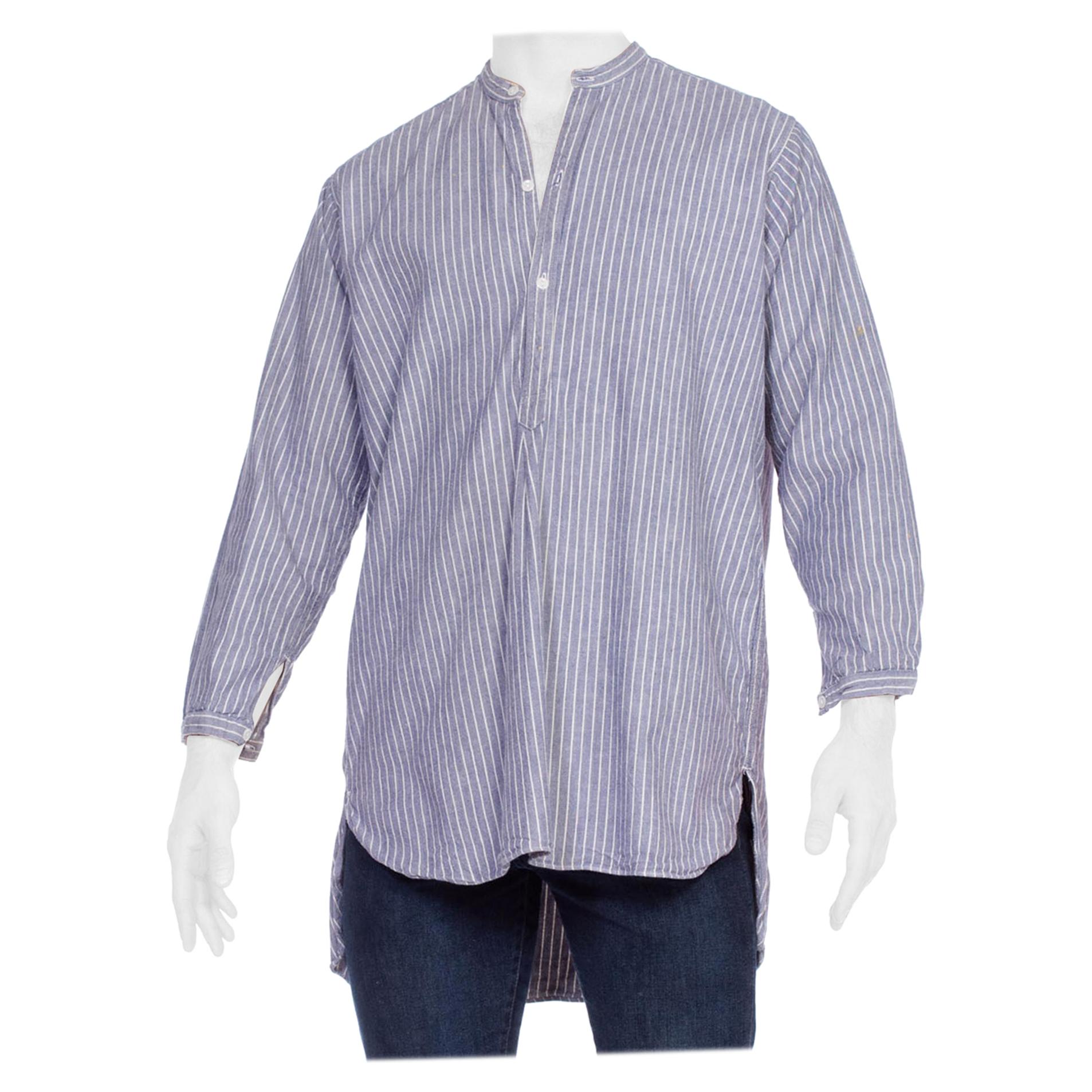 1950'S  Blue & White Striped Cotton Men's Grandad Flannel Lined Shirt Made In G For Sale