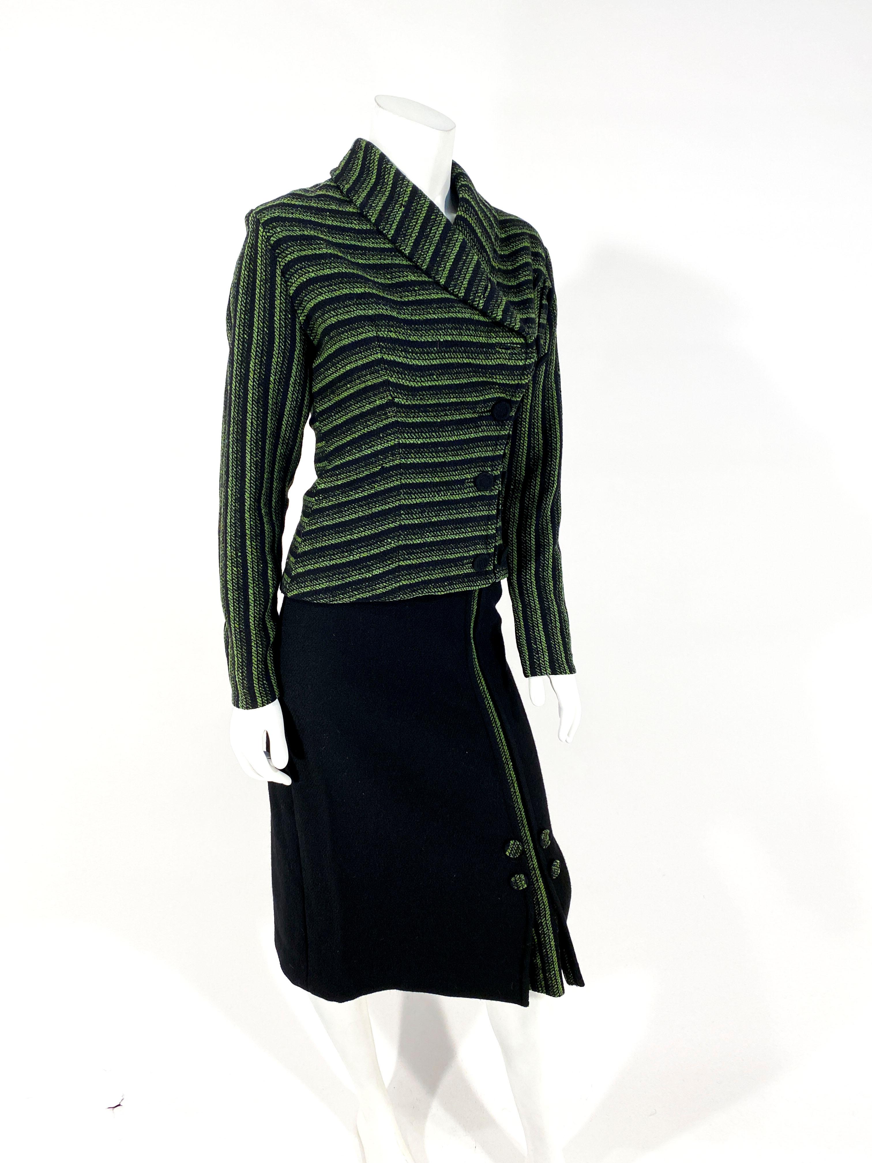 Noir Costume en laine vert et noir des années 1950 en vente