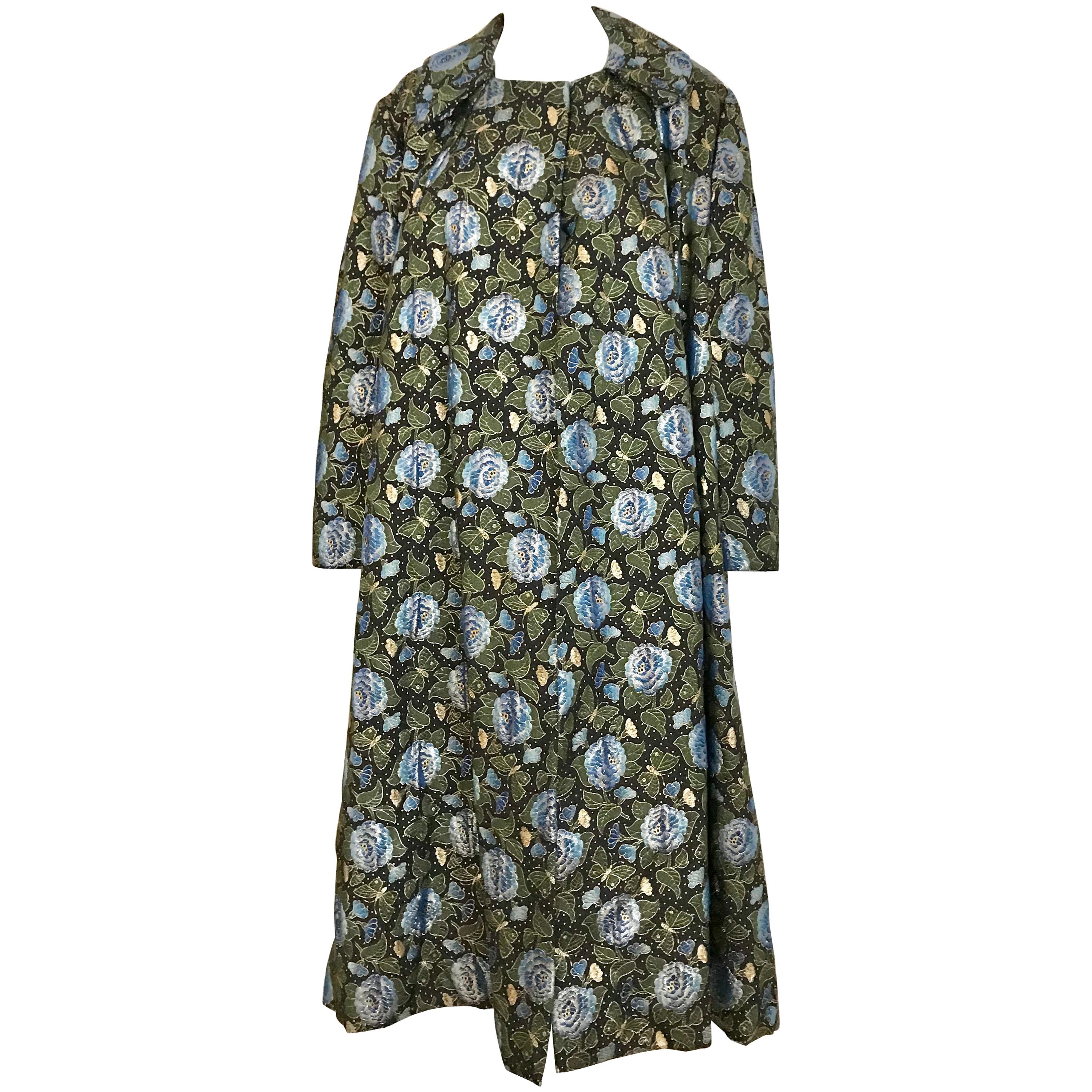 Broccato con stampa a farfalla verde e blu degli anni '50  Cappotto