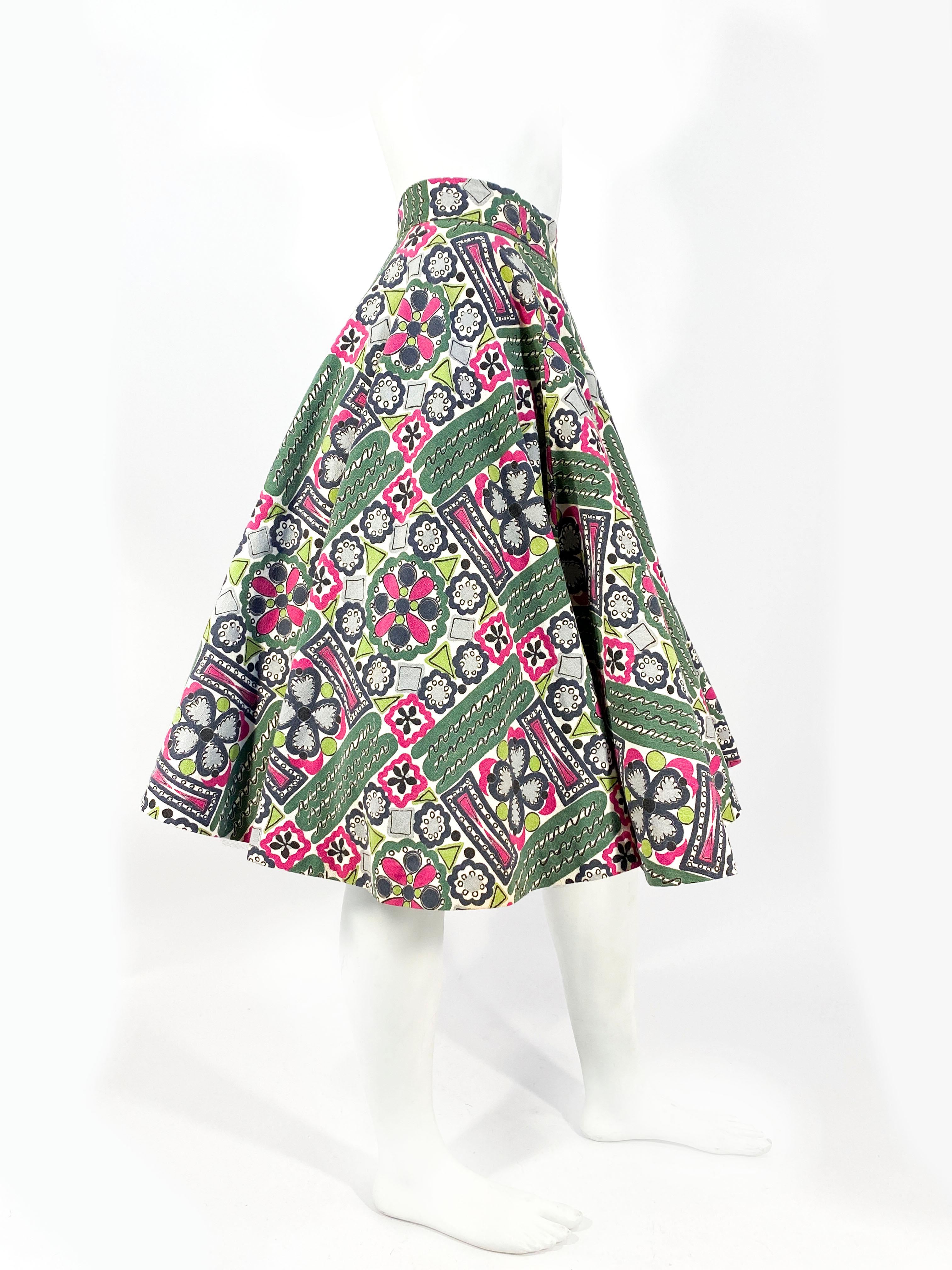 Pink 1950s Green and Magenta Printed Circle Skirt For Sale