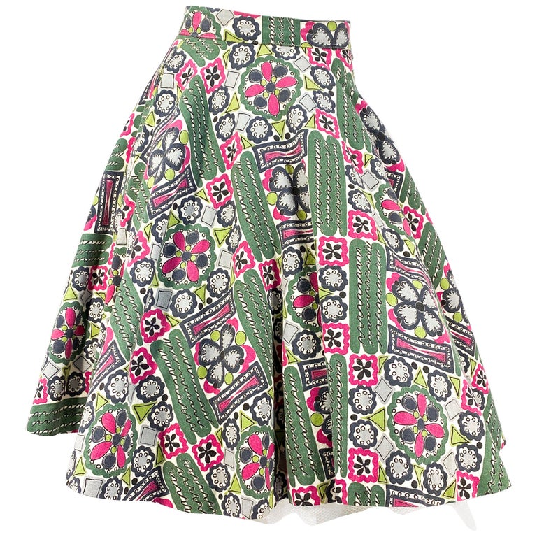 1950s Green and Magenta Printed Circle Skirt For Sale at 1stDibs