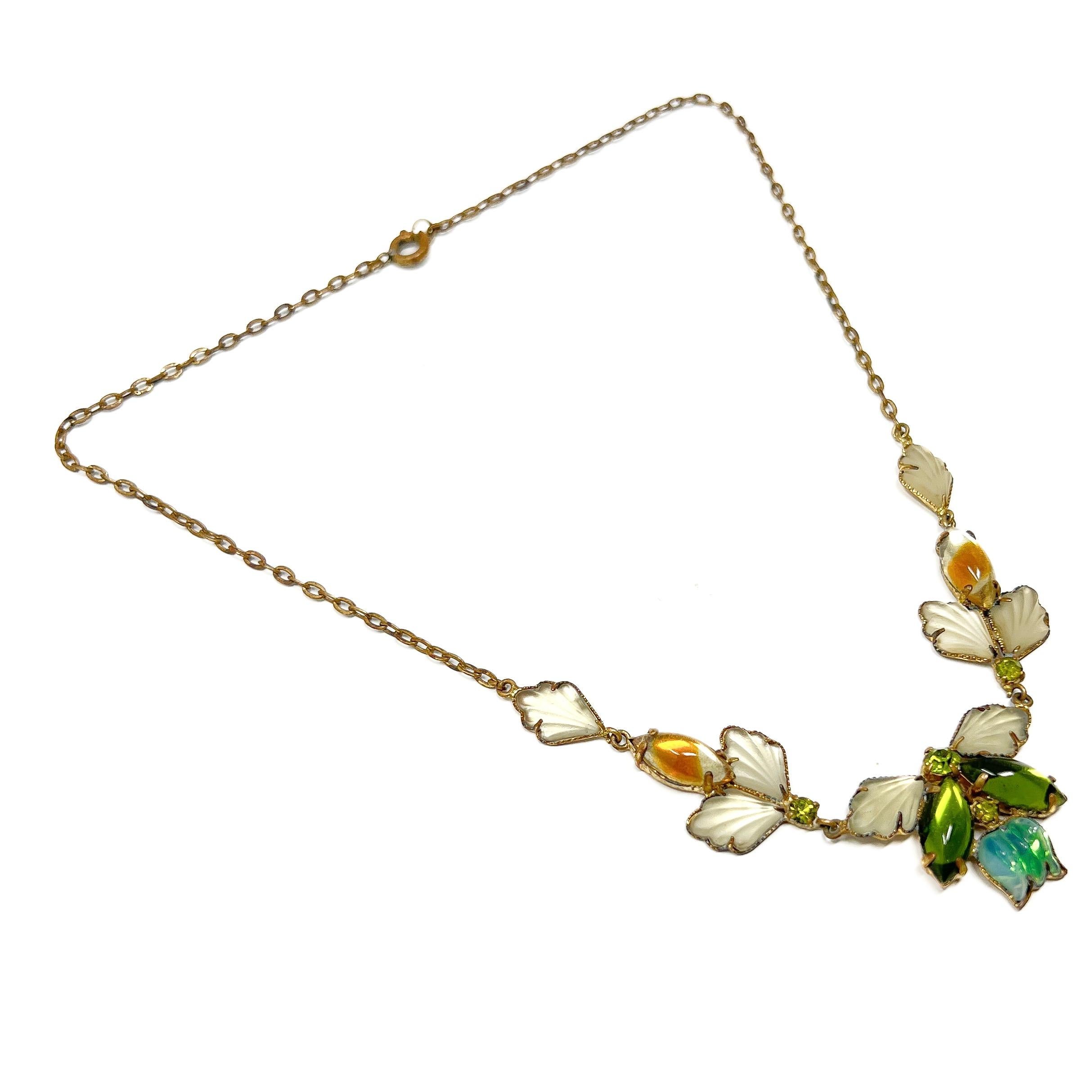  1950s Green and Yellow Glass Leaves and Flowers Vintage Necklace Pour femmes 