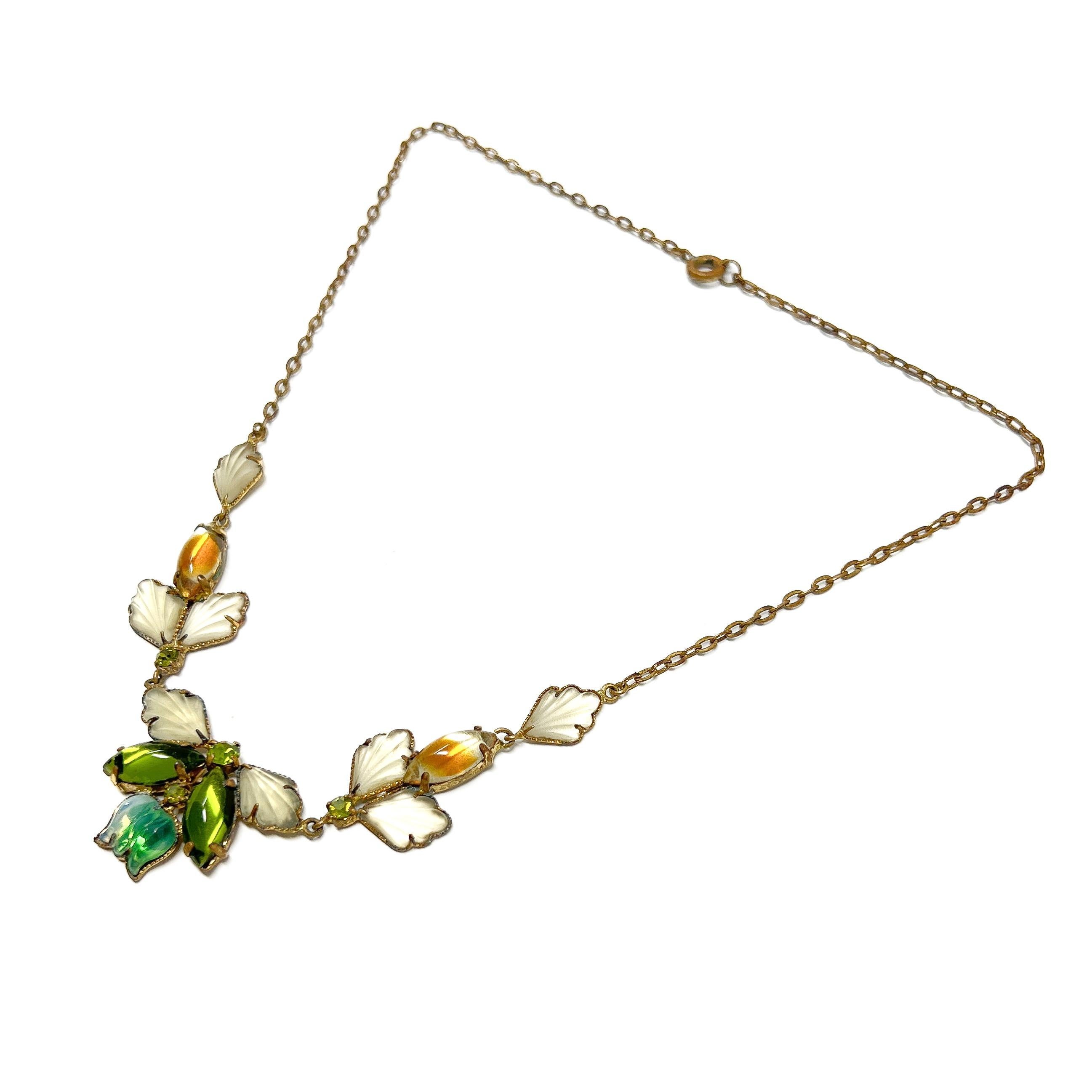 1950s Green and Yellow Glass Leaves and Flowers Vintage Necklace 1