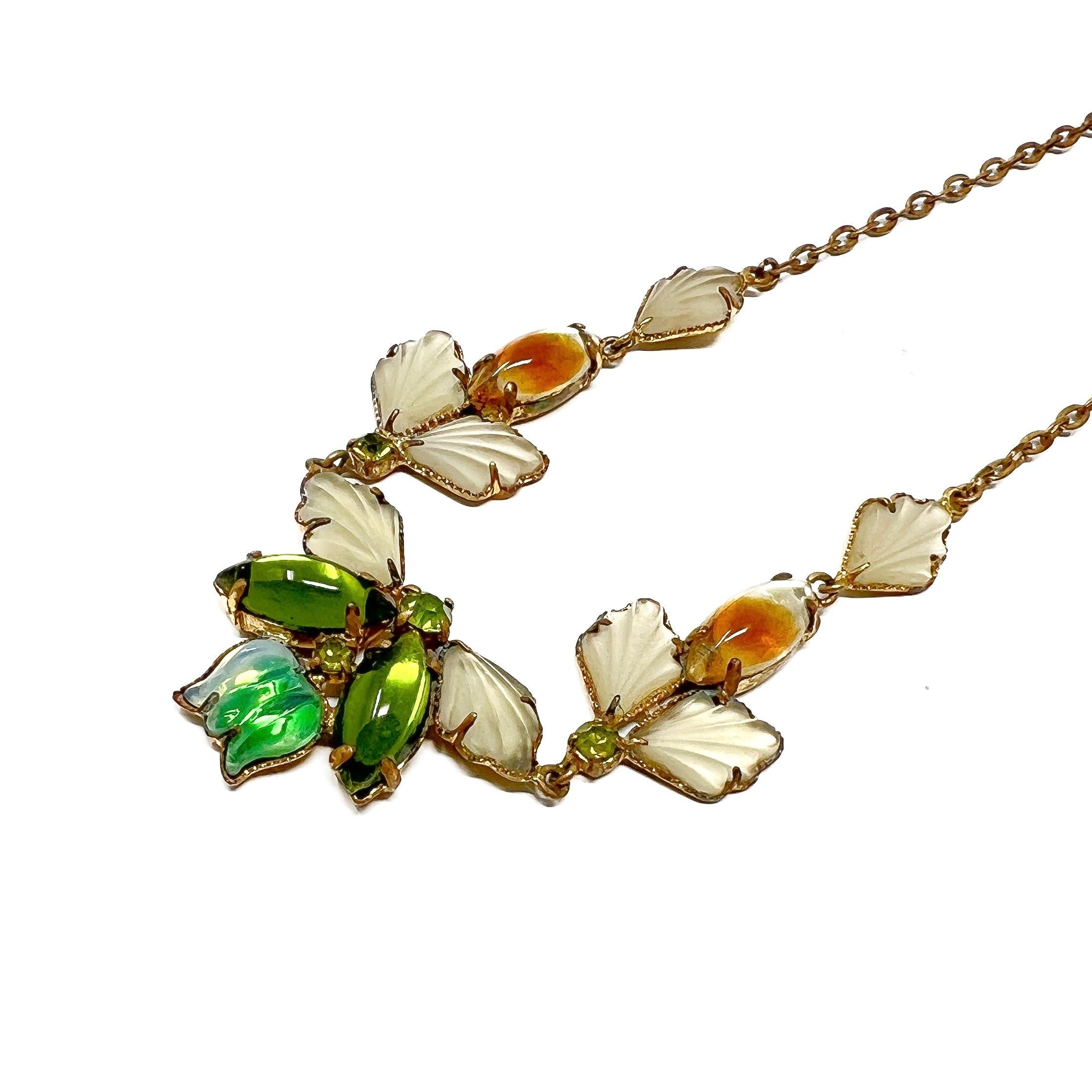 1950s Green and Yellow Glass Leaves and Flowers Vintage Necklace 2