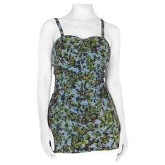 1950S Green & Blue Cotton Blend Floral Printed RomperSwimsuit