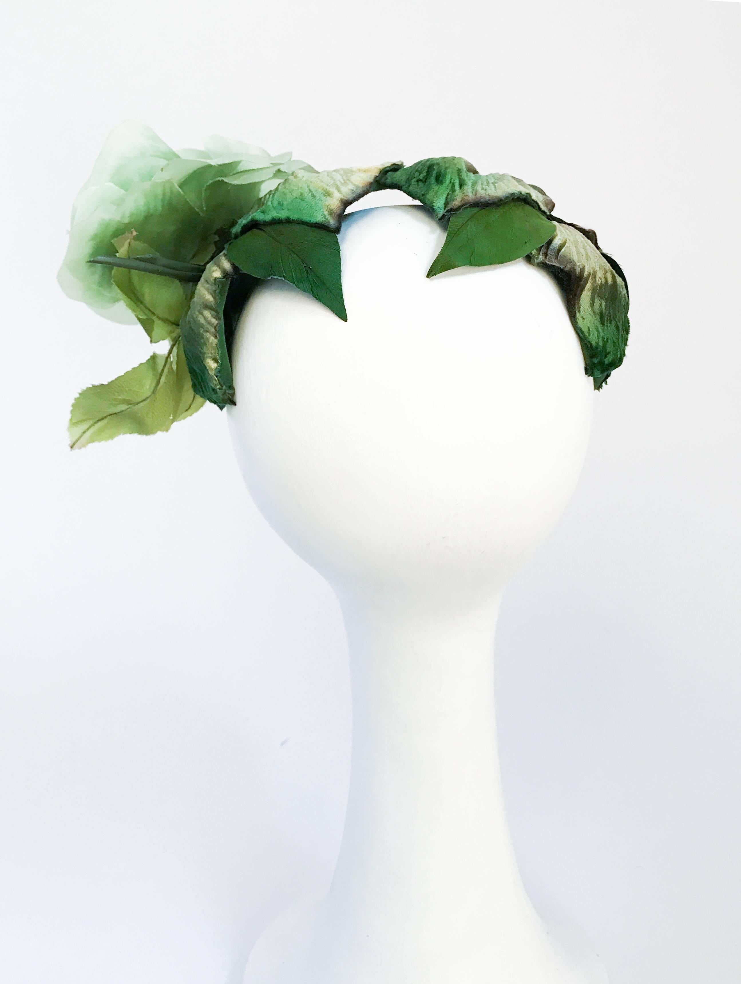 Gray 1950's Green Cocktail hat With Green Silk Flower