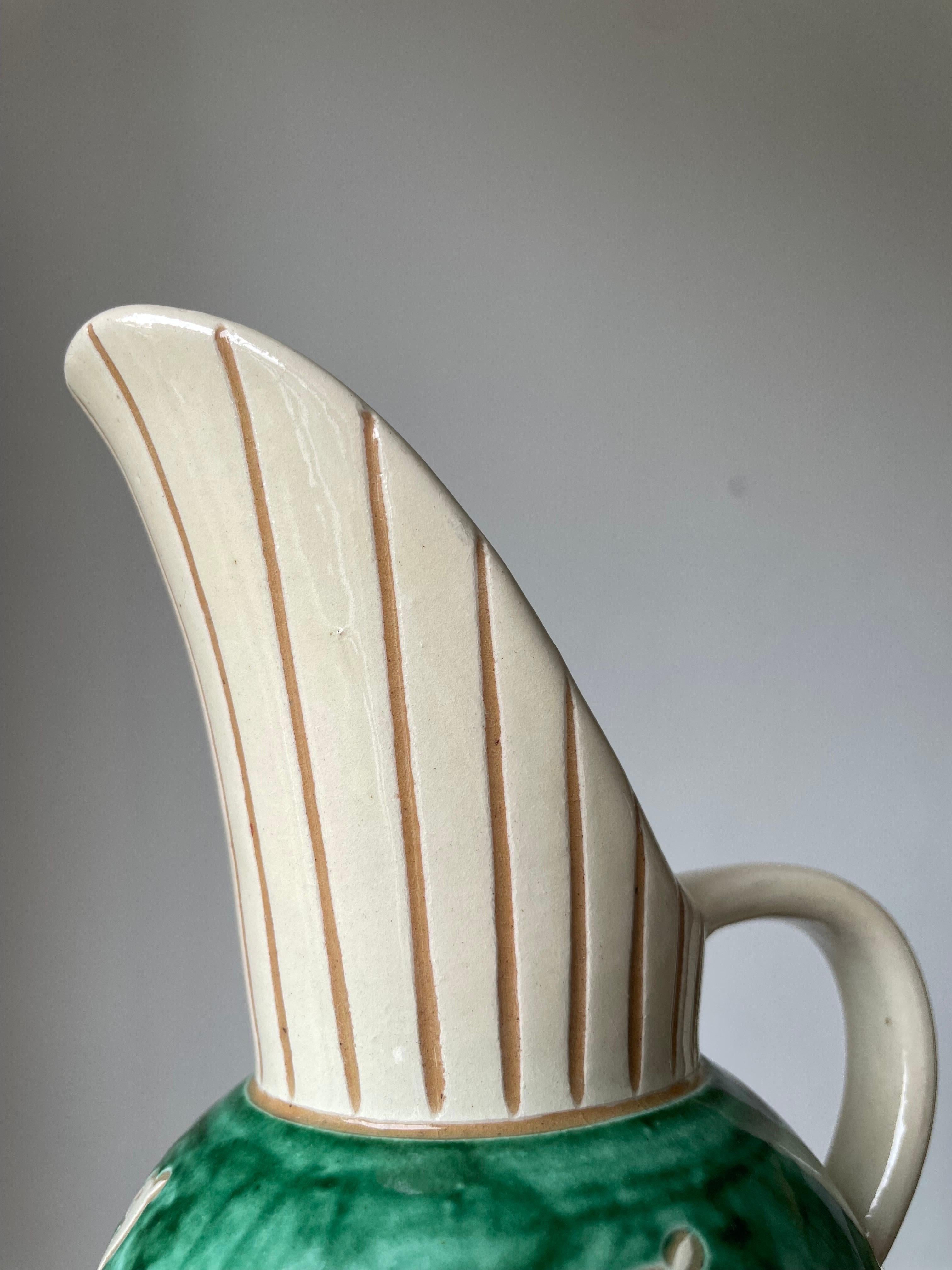1950s Green Cream Ceramic Pitcher Vase, Denmark For Sale 3