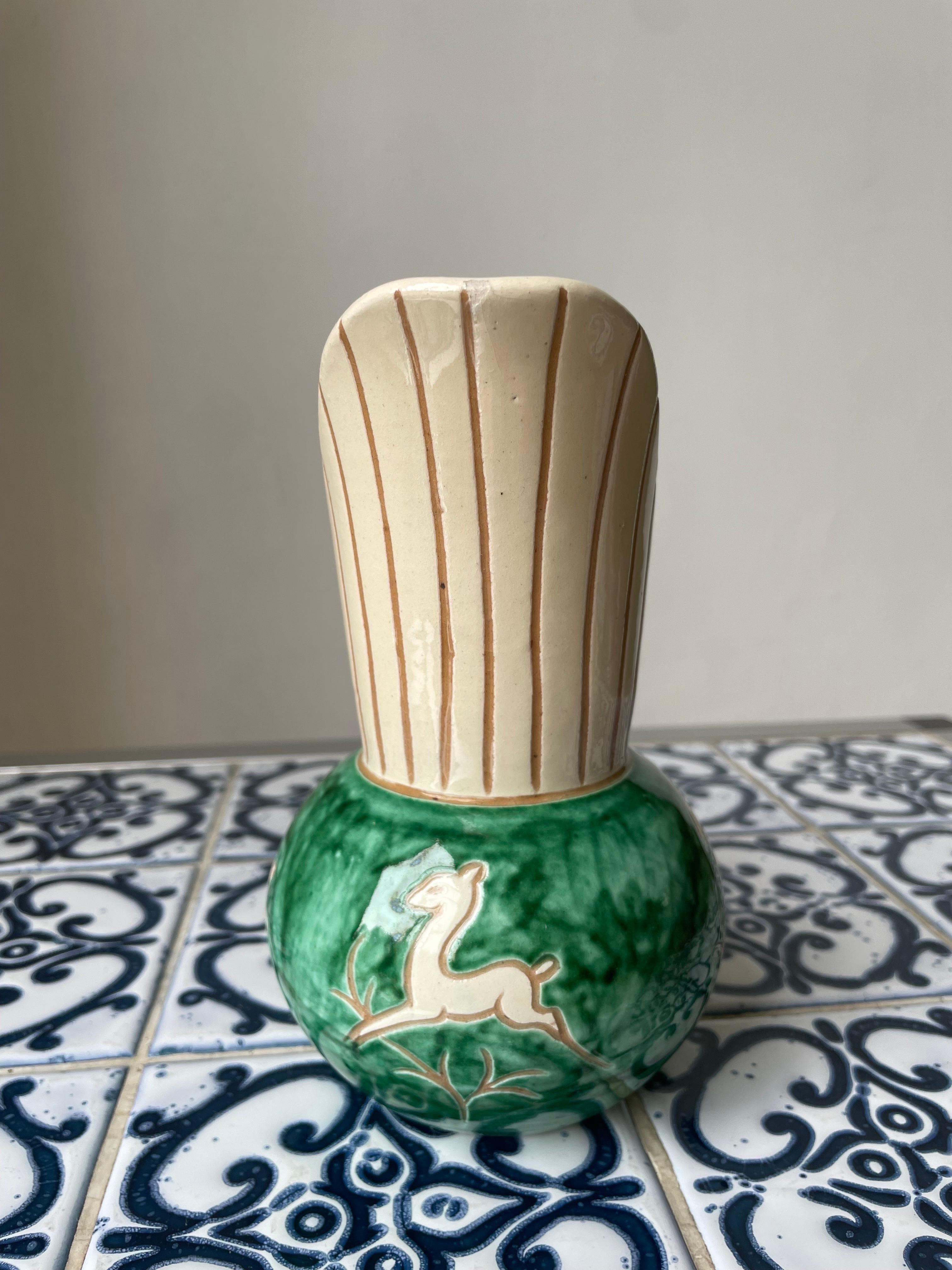 1950s Green Cream Ceramic Pitcher Vase, Denmark For Sale 4