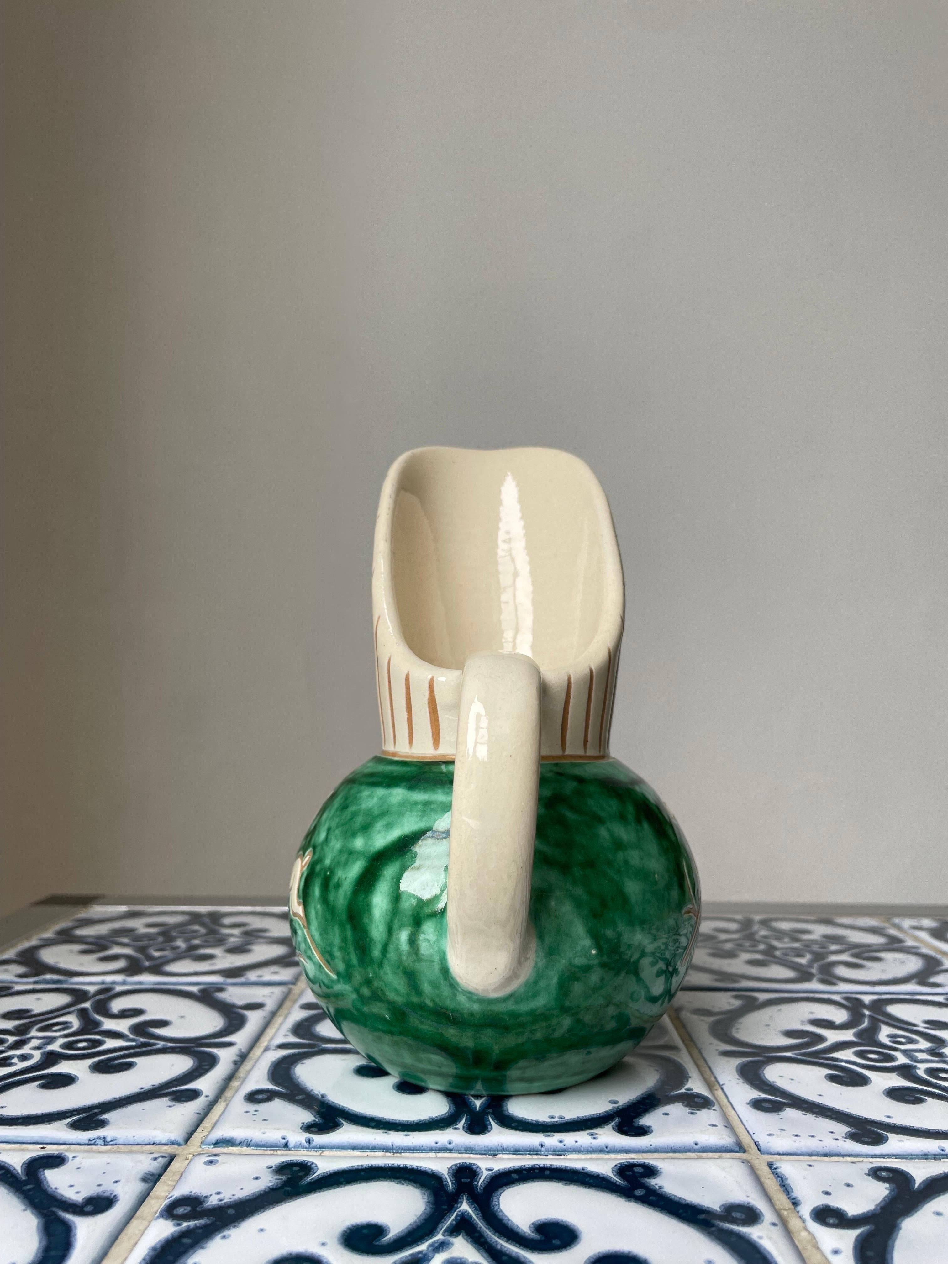 Mid-Century Modern 1950s Green Cream Ceramic Pitcher Vase, Denmark For Sale