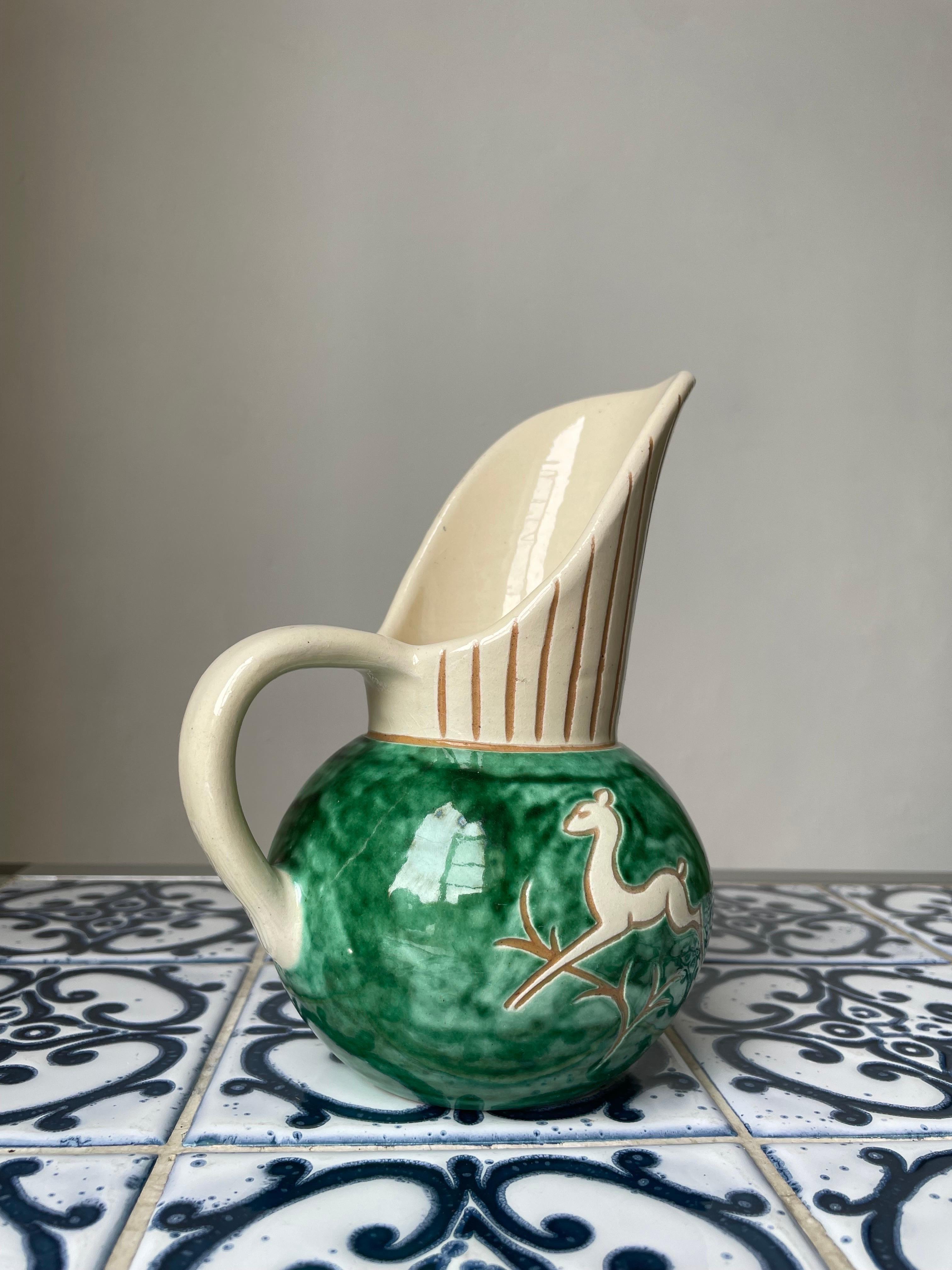 Danish 1950s Green Cream Ceramic Pitcher Vase, Denmark For Sale