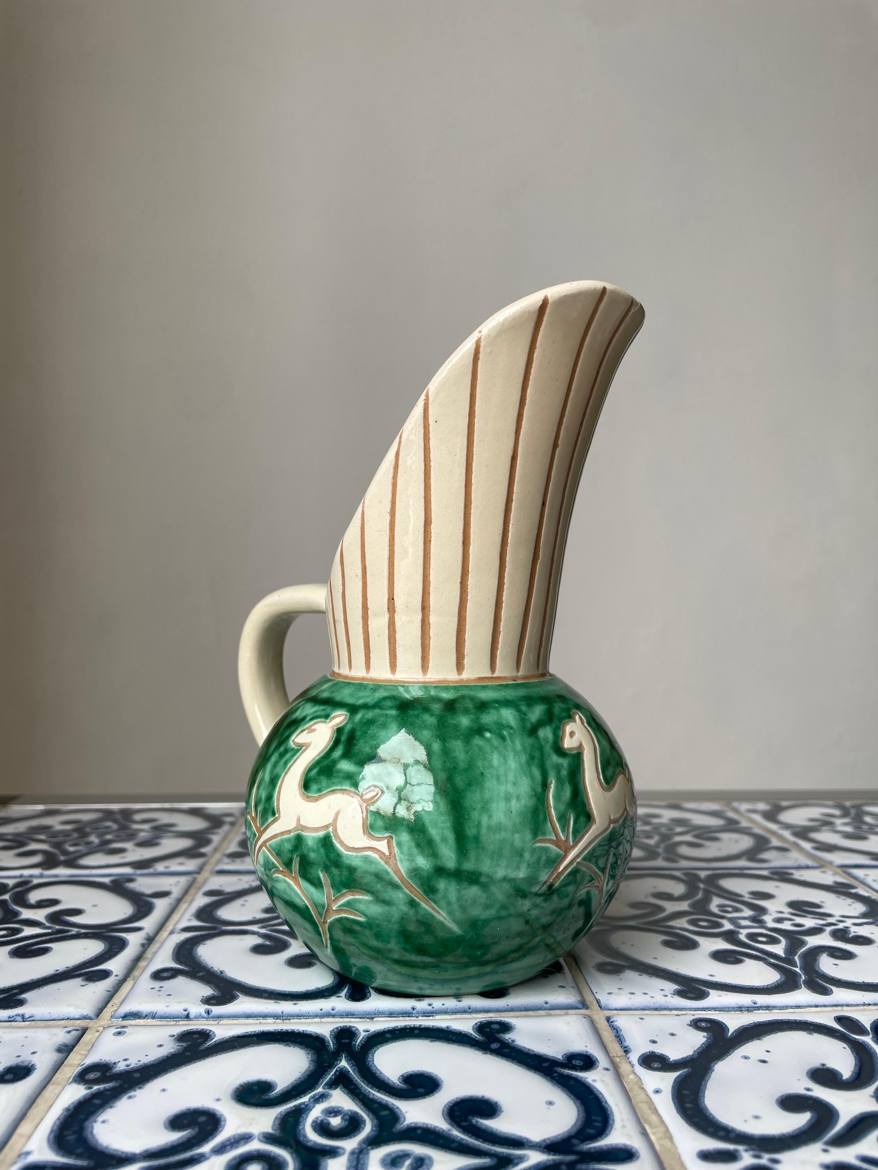 Glazed 1950s Green Cream Ceramic Pitcher Vase, Denmark For Sale