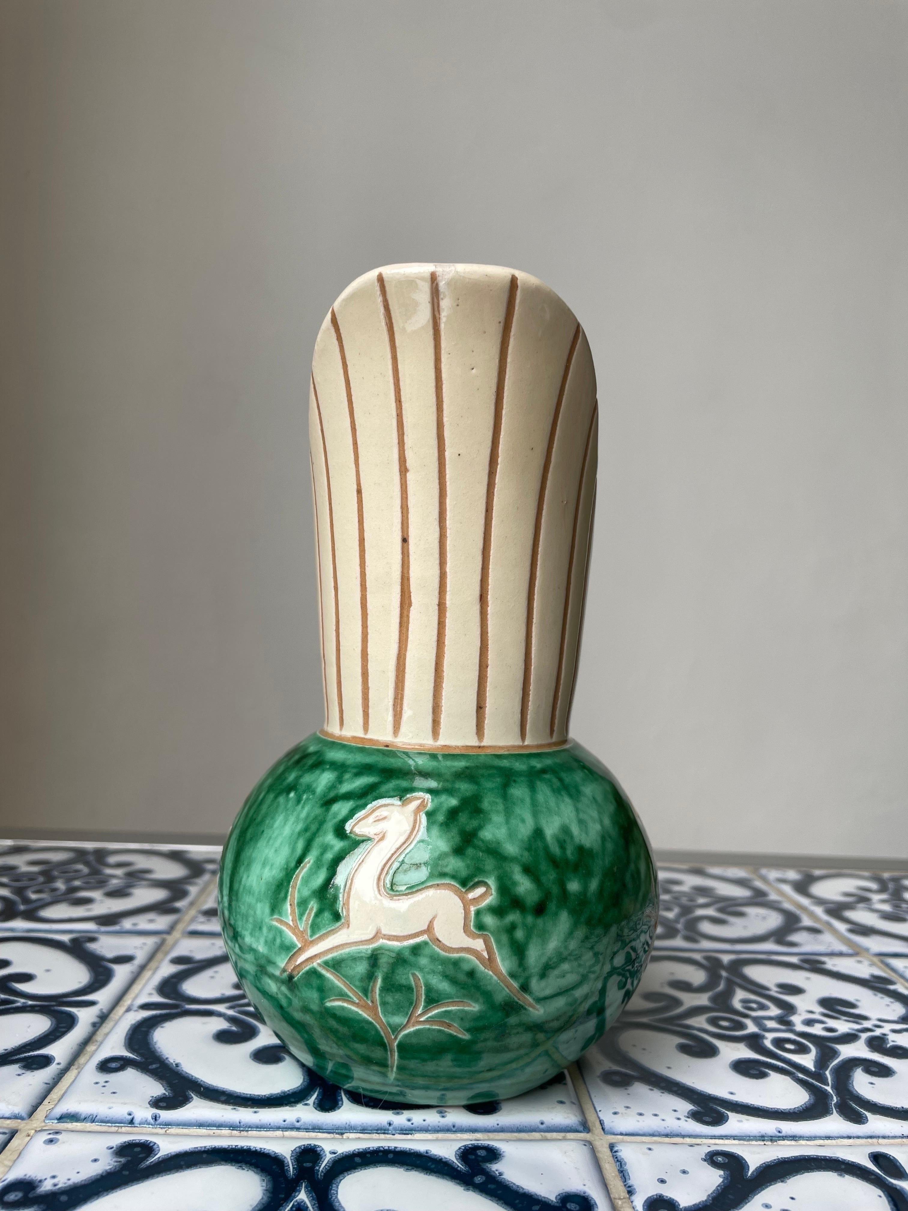 1950s Green Cream Ceramic Pitcher Vase, Denmark In Good Condition For Sale In Copenhagen, DK