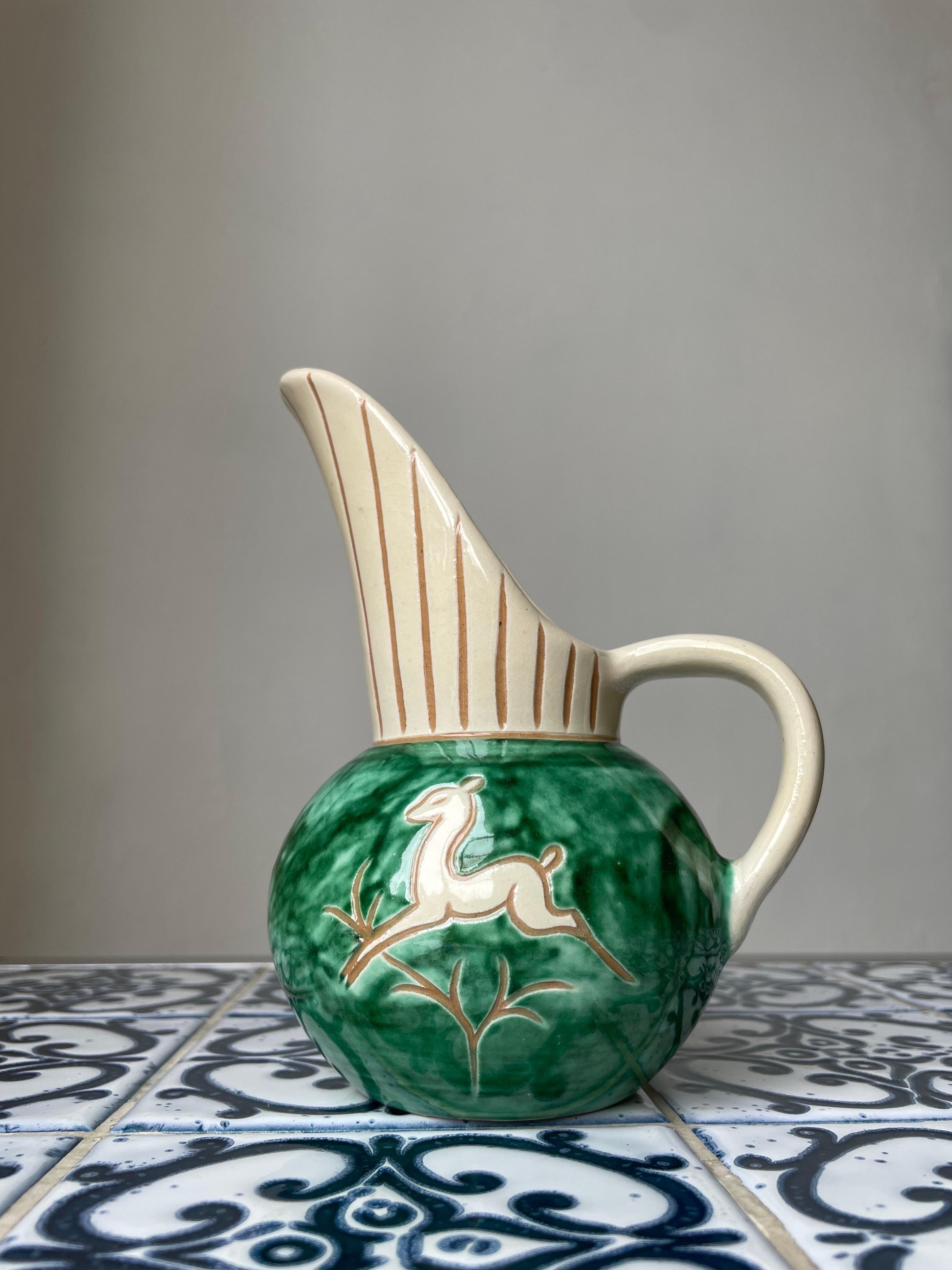 20th Century 1950s Green Cream Ceramic Pitcher Vase, Denmark For Sale