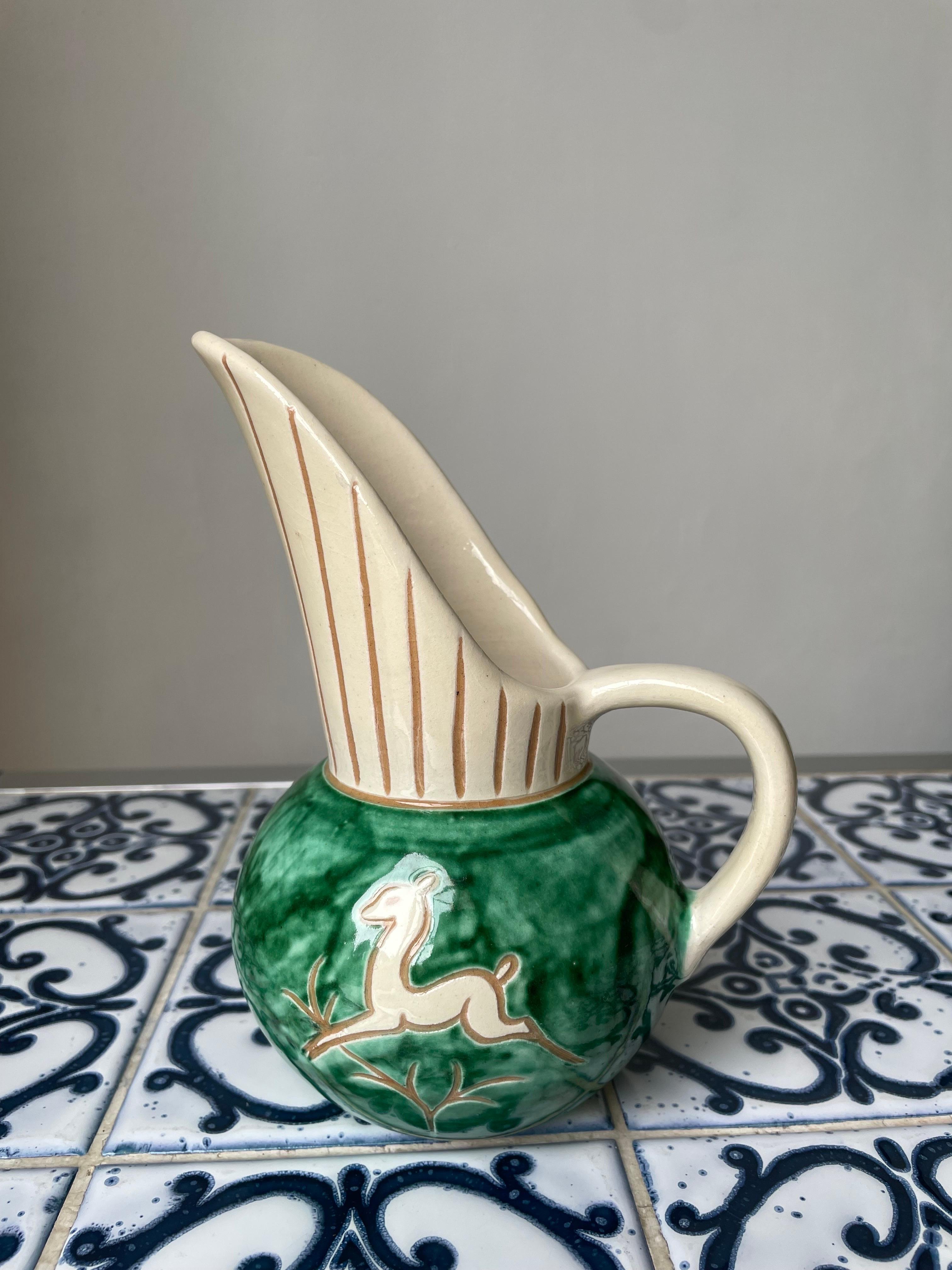 1950s Green Cream Ceramic Pitcher Vase, Denmark For Sale 1