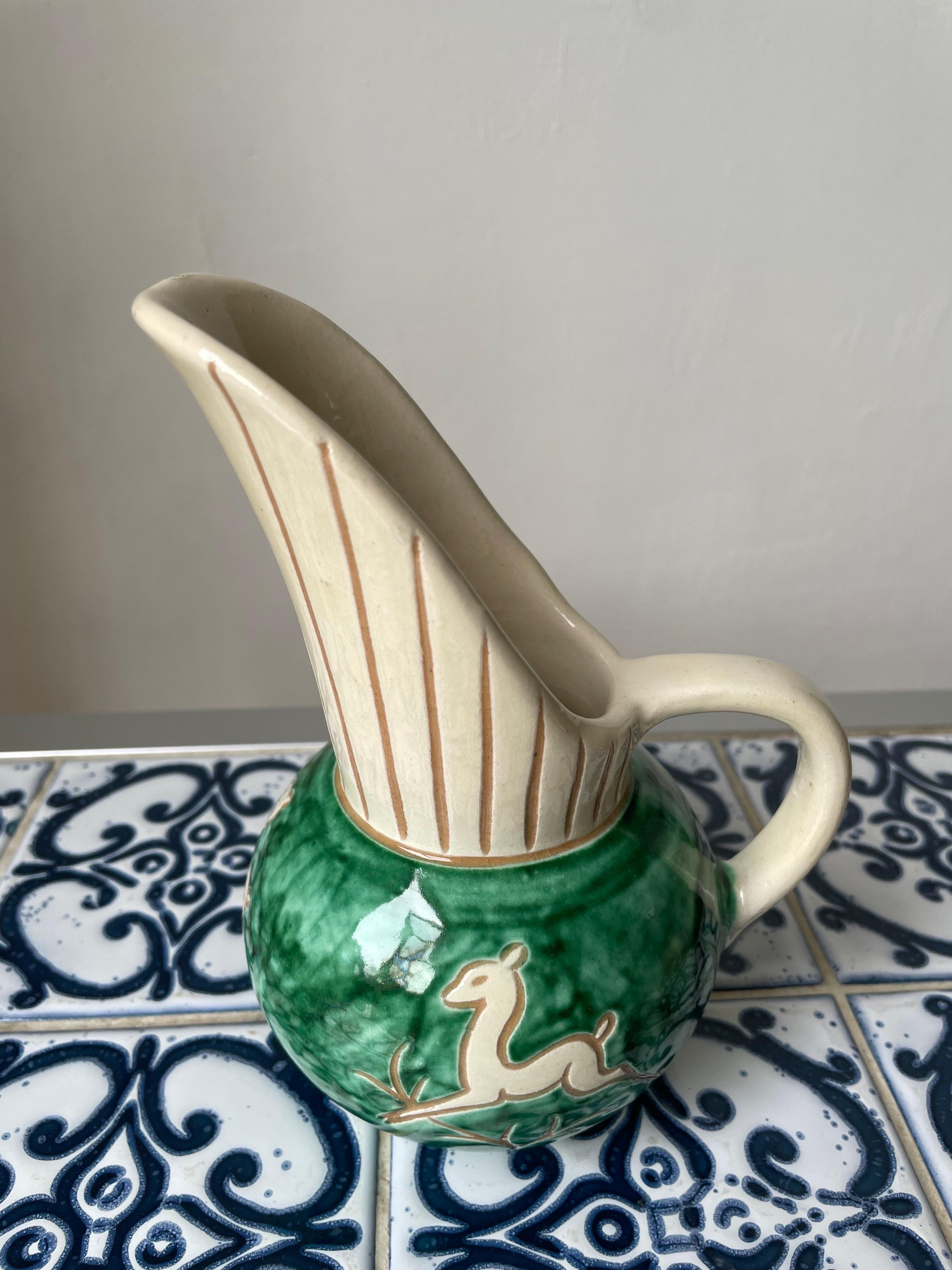 1950s Green Cream Ceramic Pitcher Vase, Denmark For Sale 2
