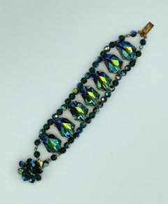 1950s Green Crystal Bead and Crystal Rhinestone Wide Bracelet