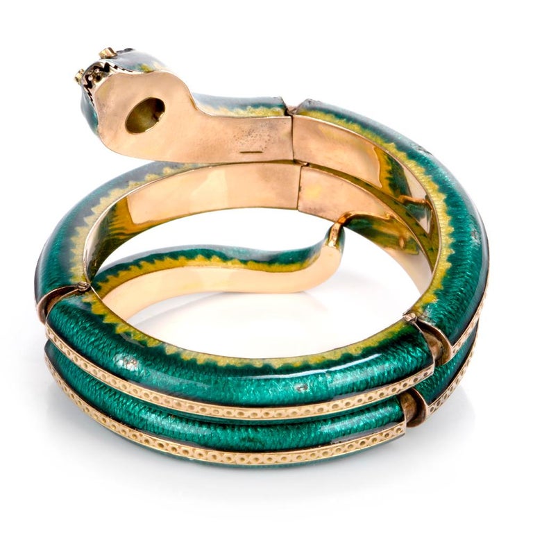 1950s Green Enamel Diamond Ruby Snake Gold Bracelet For Sale at 1stdibs