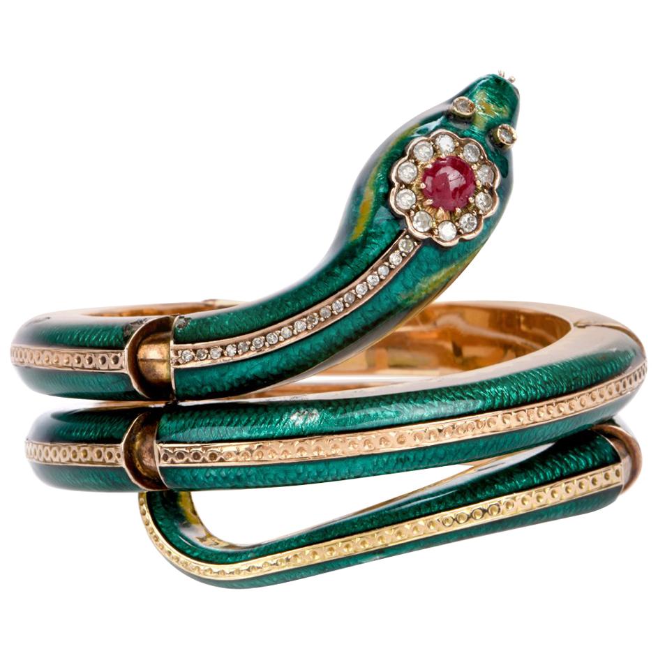 1950s Green Enamel Diamond Ruby Snake Gold Bracelet