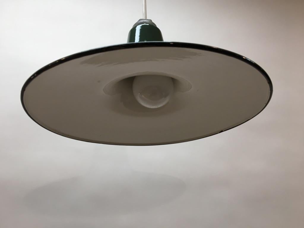 American 1950s Green Enameled Pendant Lights - a Pair For Sale