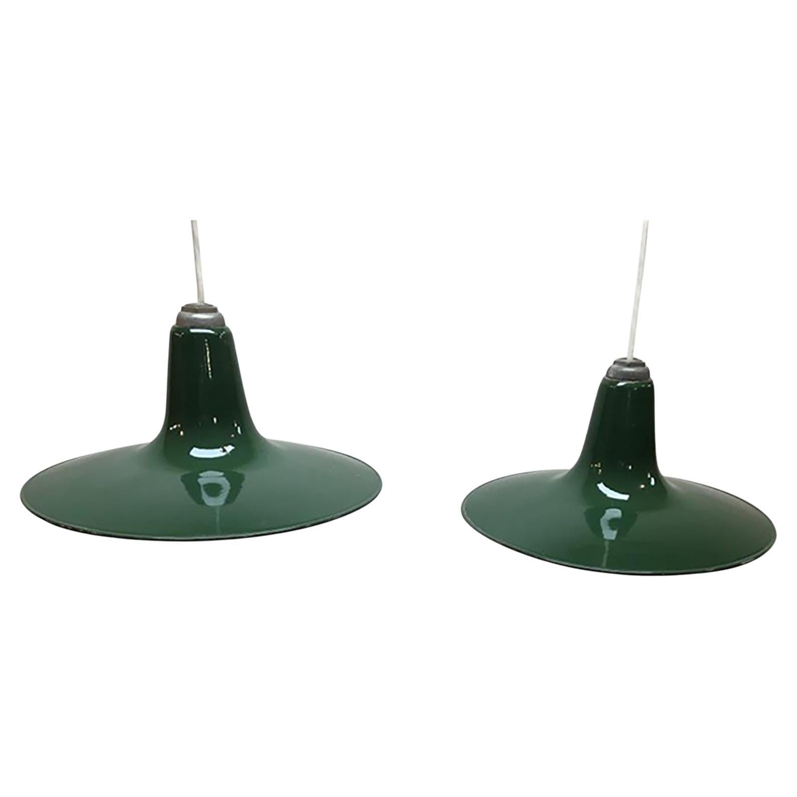 1950s Green Enameled Pendant Lights - a Pair