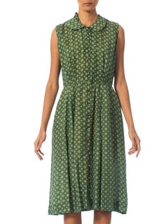 1950S Green Foulard Nylon Button Front Shirt Dress As-Is With Pockets