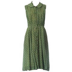1950S Green Foulard Nylon Button Front Shirt Dress As-Is With Pockets