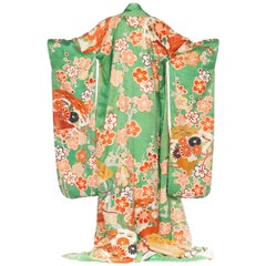 1950S Green Hand Painted Silk Light Weighted Ceremonial With Embroidery Kimono