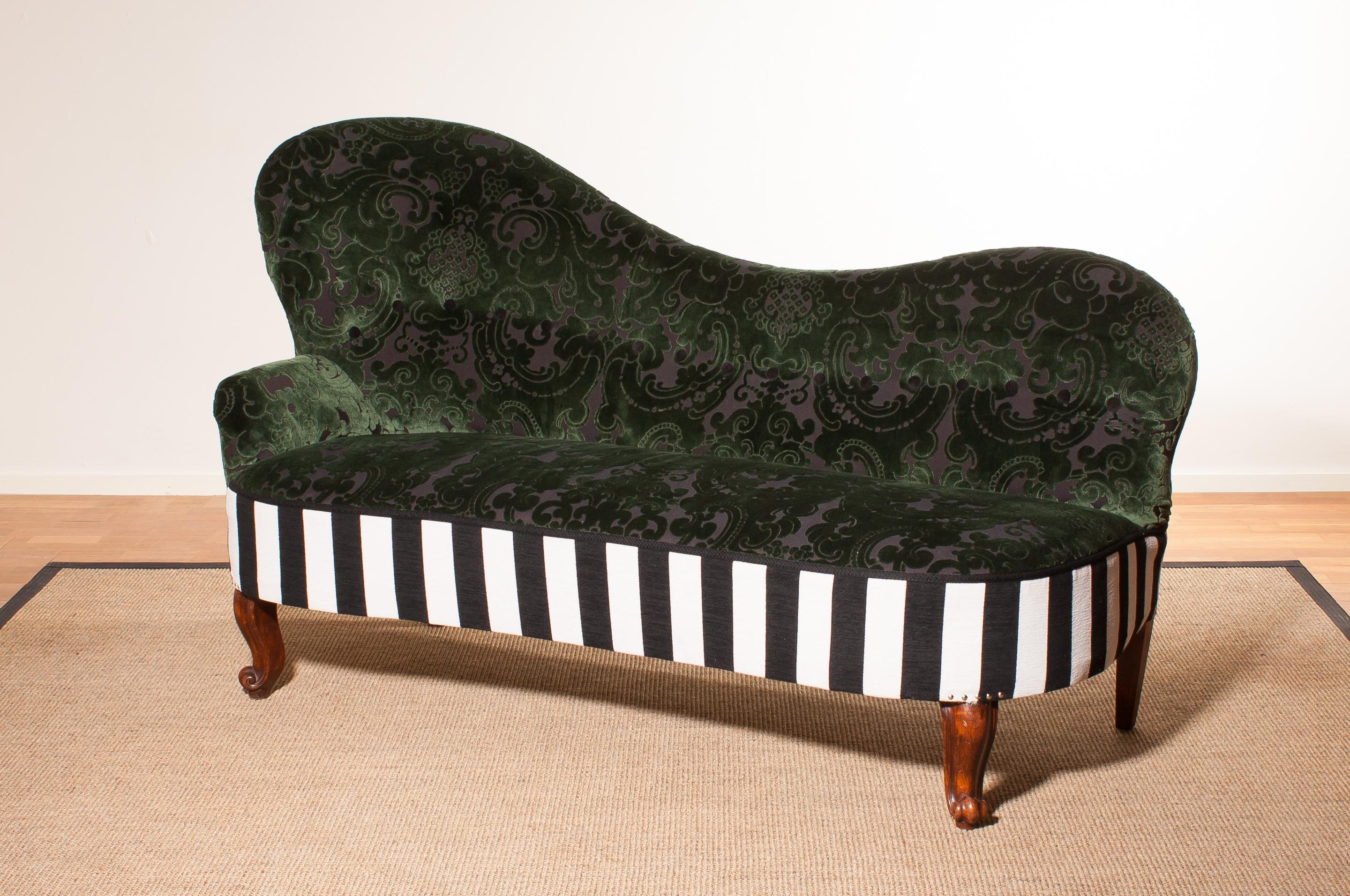 Mid-20th Century 1950s, Green Jacquard Velvet and Velours Piano Stripe Sofa / Chaise Longue