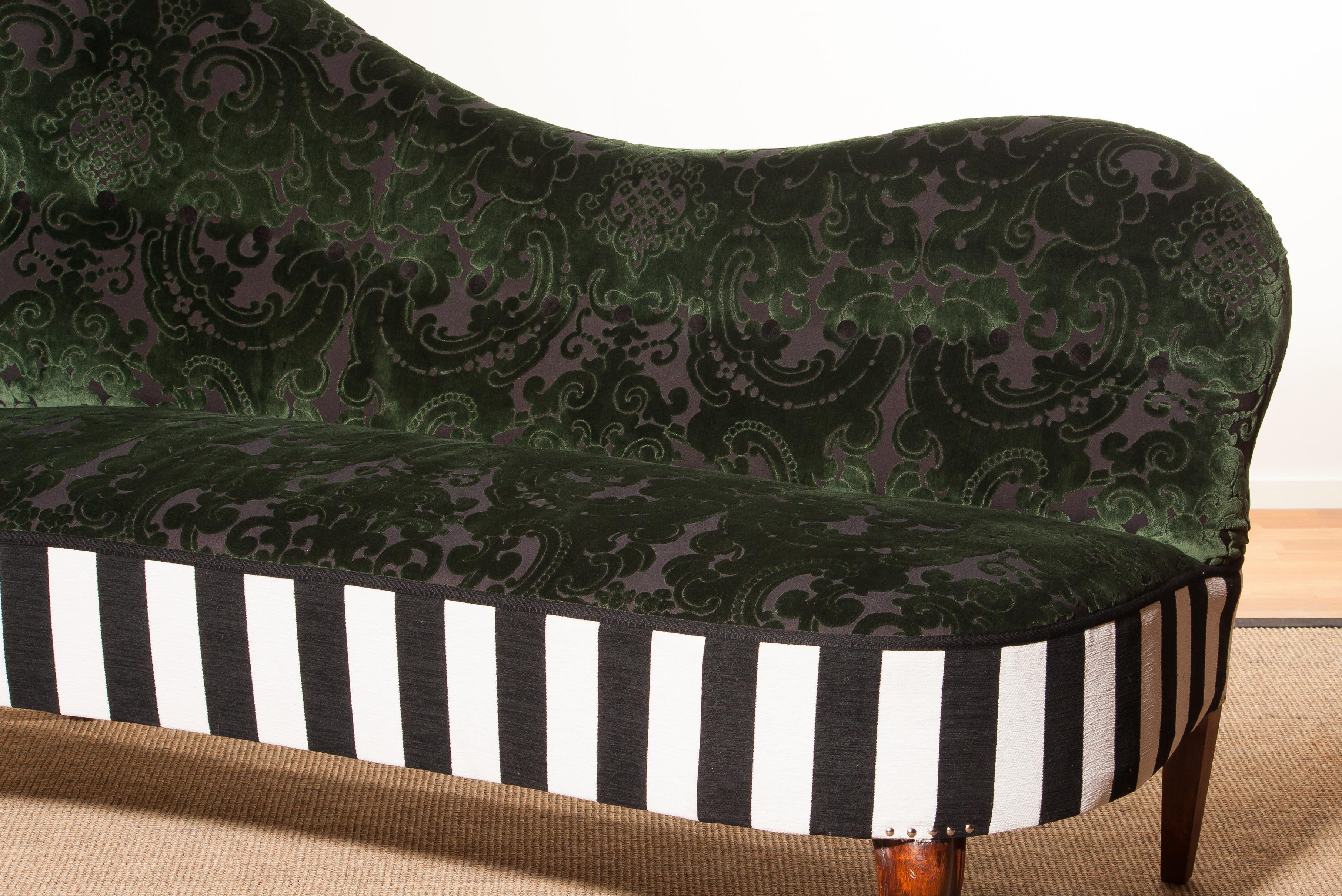 1950s, Green Jacquard Velvet and Velours Piano Stripe Sofa / Chaise Longue 1