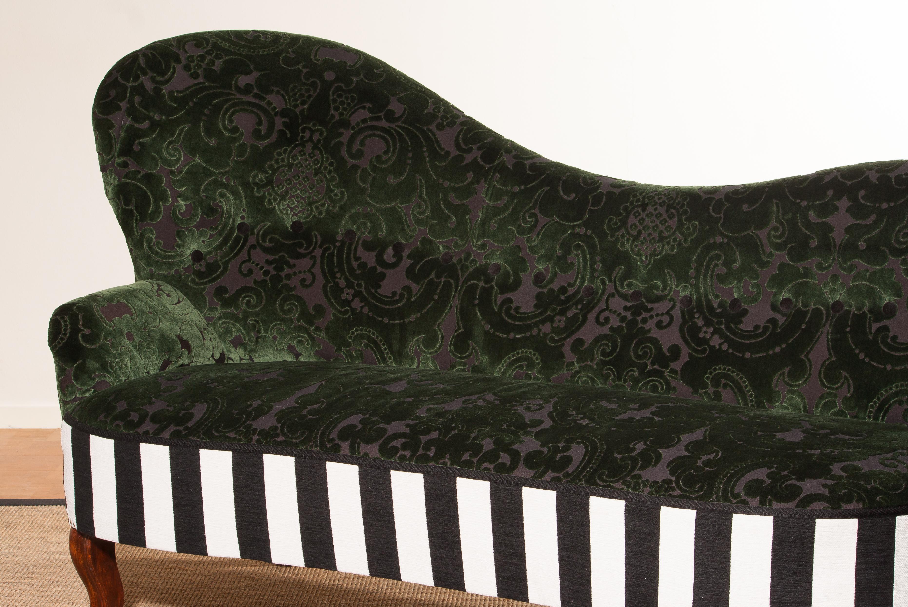1950s, Green Jacquard Velvet and Velours Piano Stripe Sofa / Chaise Longue 2